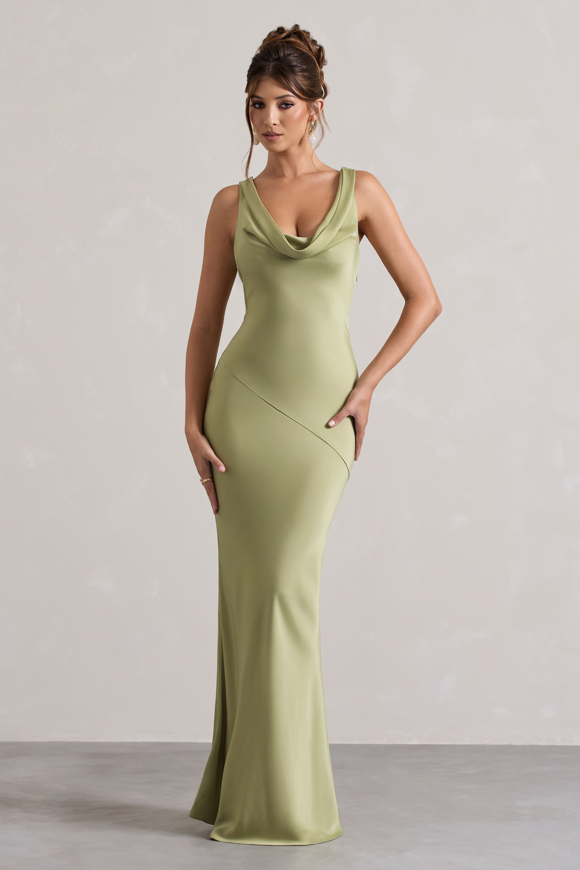 Alesso | Light Olive Satin Cowl-Neck Maxi Dress – Club L London