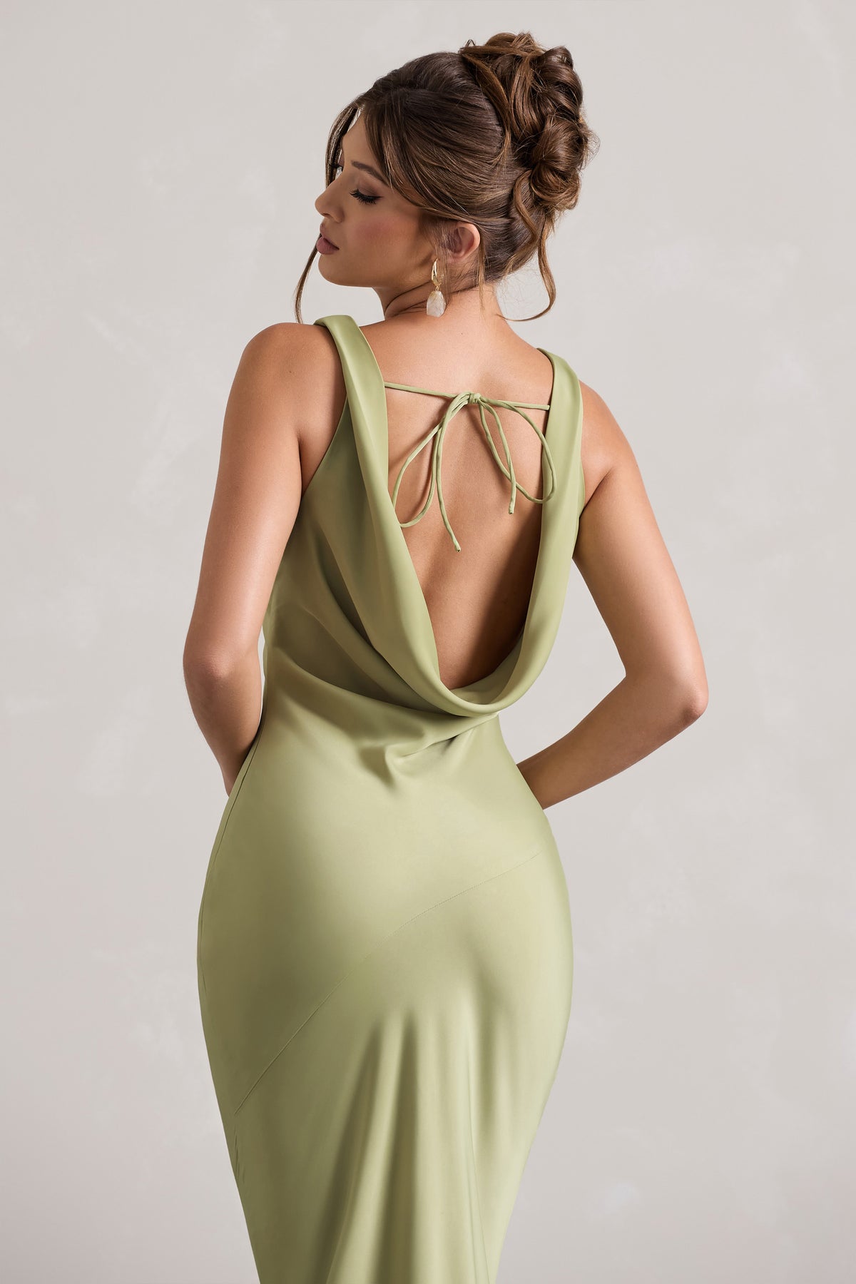 Alesso Light Olive Satin Cowl-Neck Maxi Dress Club L London - UK Alesso Light Olive Satin Cowl-Neck Maxi Dress Club L London - UK