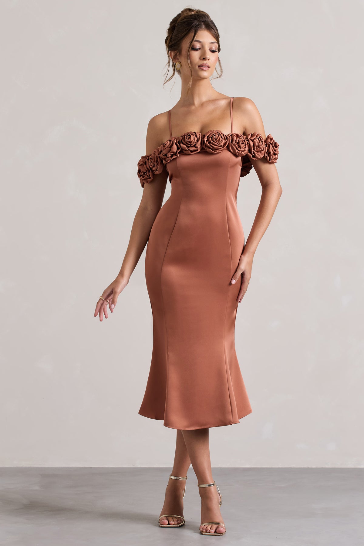 Petunia | Rust Satin Floral Bardot Midi Dress - Club L 