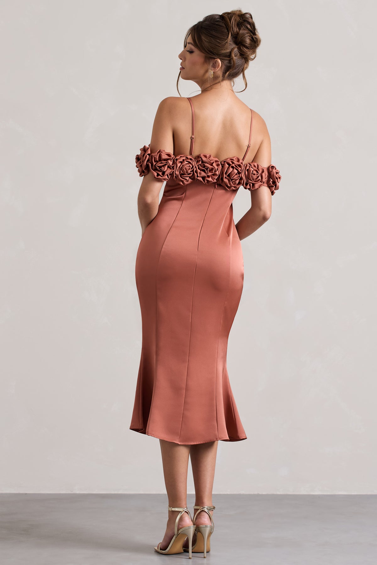 Petunia | Rust Satin Floral Bardot Midi Dress - Club L 
