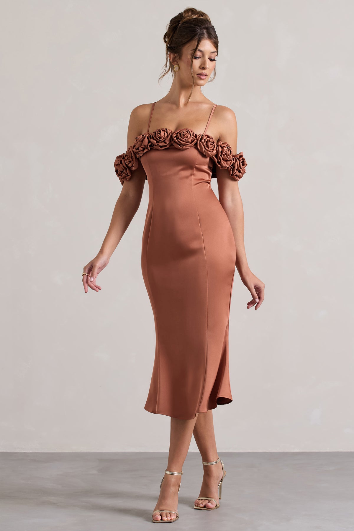 Petunia | Rust Satin Floral Bardot Midi Dress - Club L 