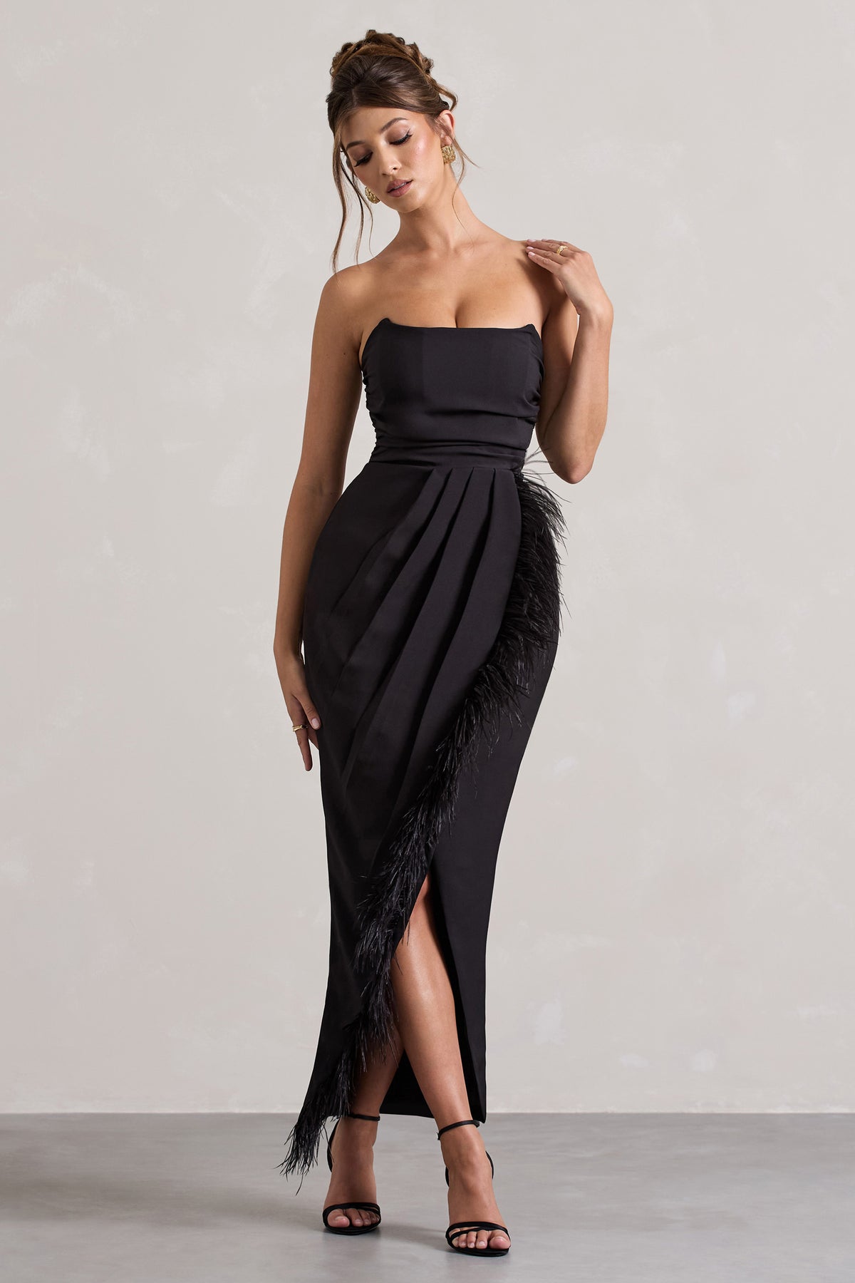 Chosen Black Bandeau Wrap Maxi Dress With Feather Trim – Club L London