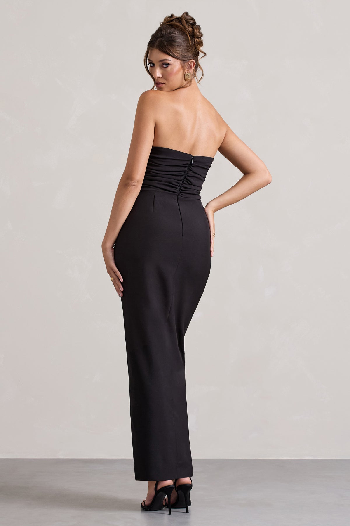 white christmas dresses Chosen Black Bandeau Wrap Maxi Dress With Feather Trim – Club L London