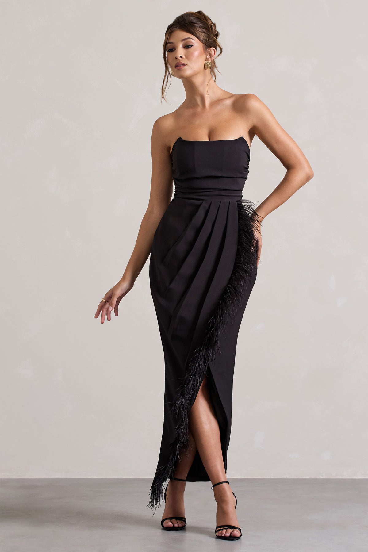 white christmas dresses Zoe Black Satin Twist Split Maxi Dress With Feather Trim – Club L London main image 1