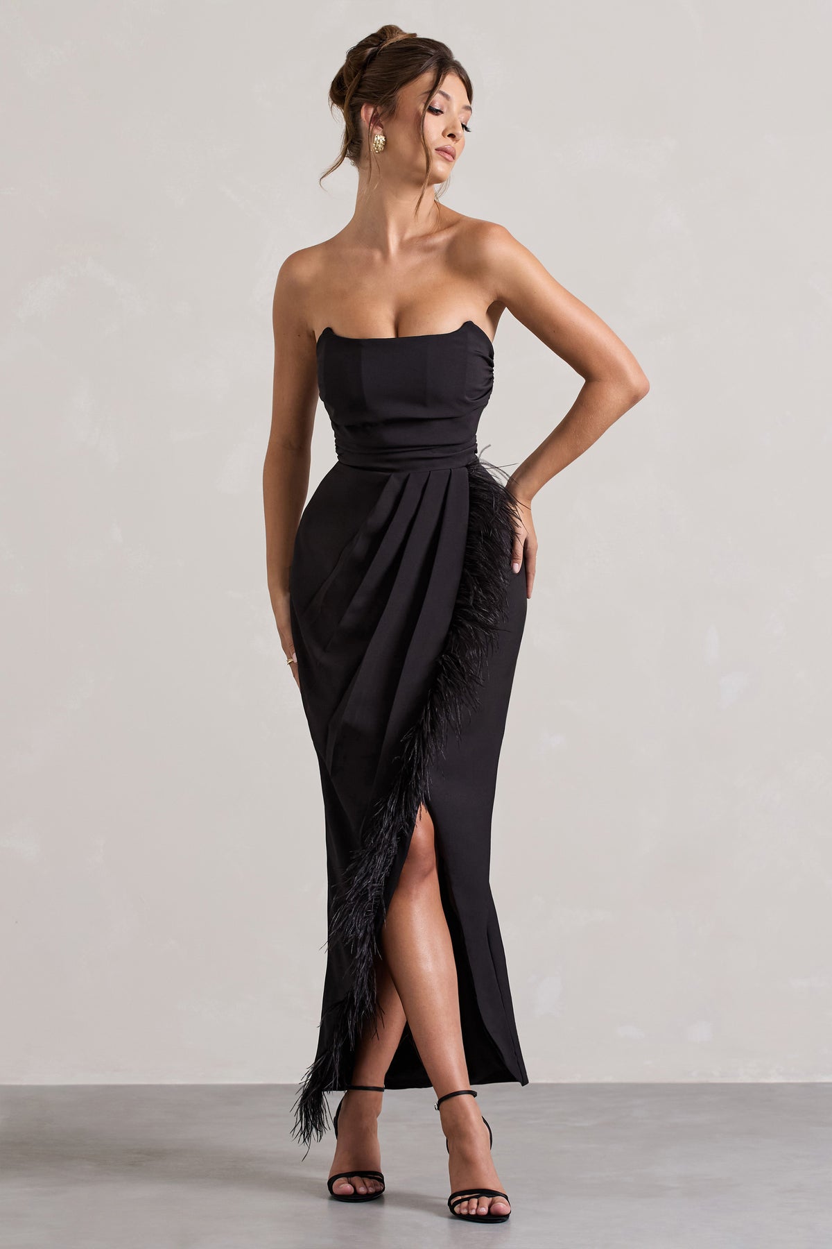 Chosen Black Bandeau Wrap Maxi Dress With Feather Trim Club L London - UK Chosen Black Bandeau Wrap Maxi Dress With Feather Trim Club L London - UK