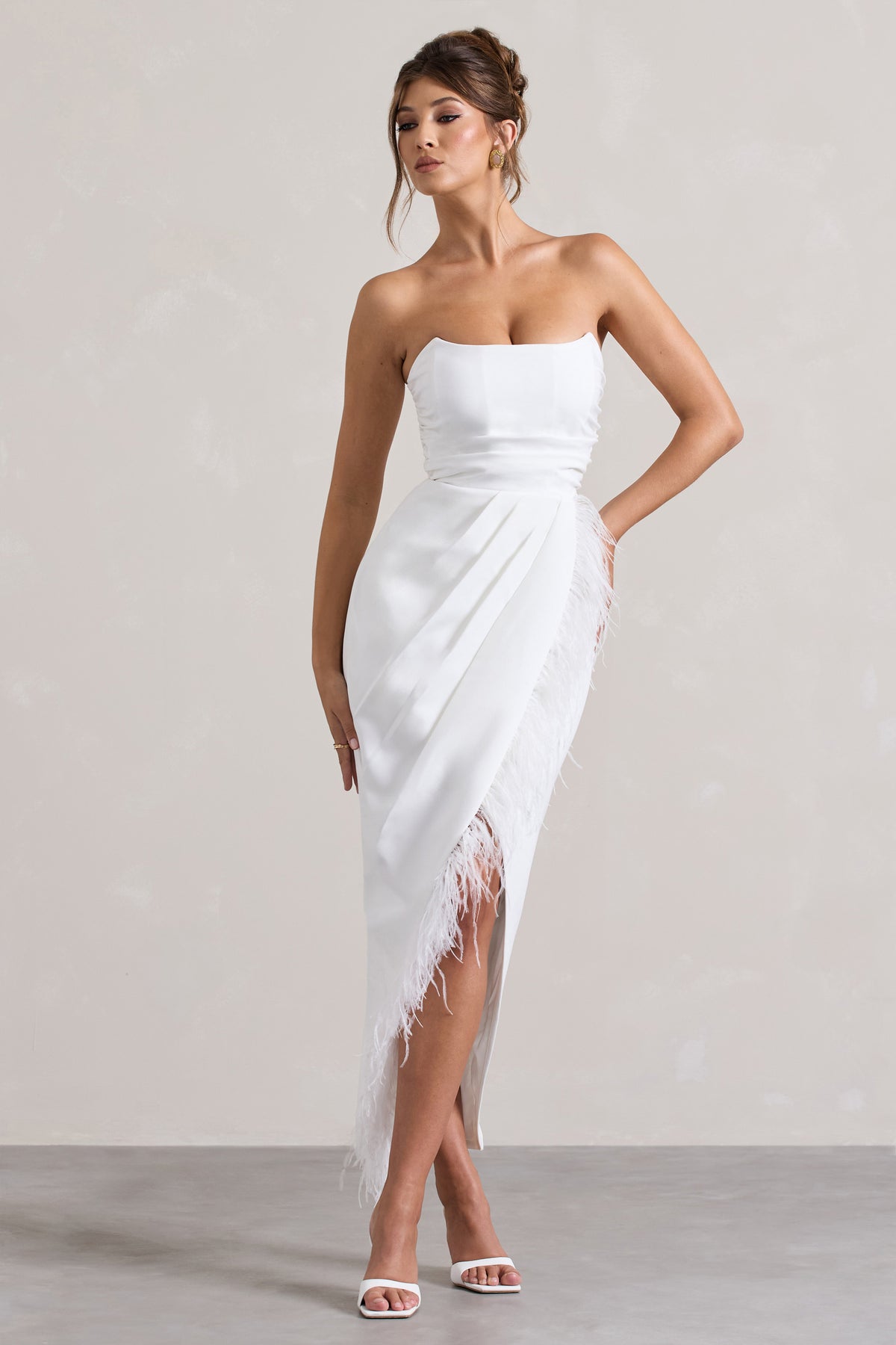 Chosen White Bandeau Wrap Maxi Dress With Feather Trim Club L London - UK Chosen White Bandeau Wrap Maxi Dress With Feather Trim Club L London - UK