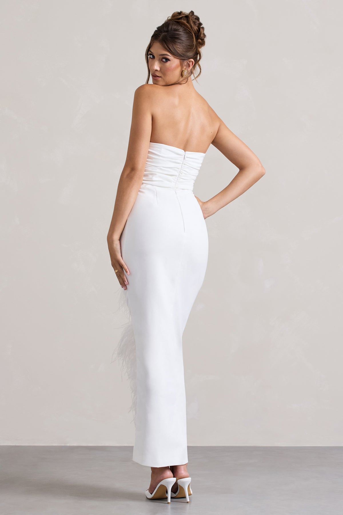 Chosen | White Bandeau Wrap Maxi Dress With Feather Trim - Club L 