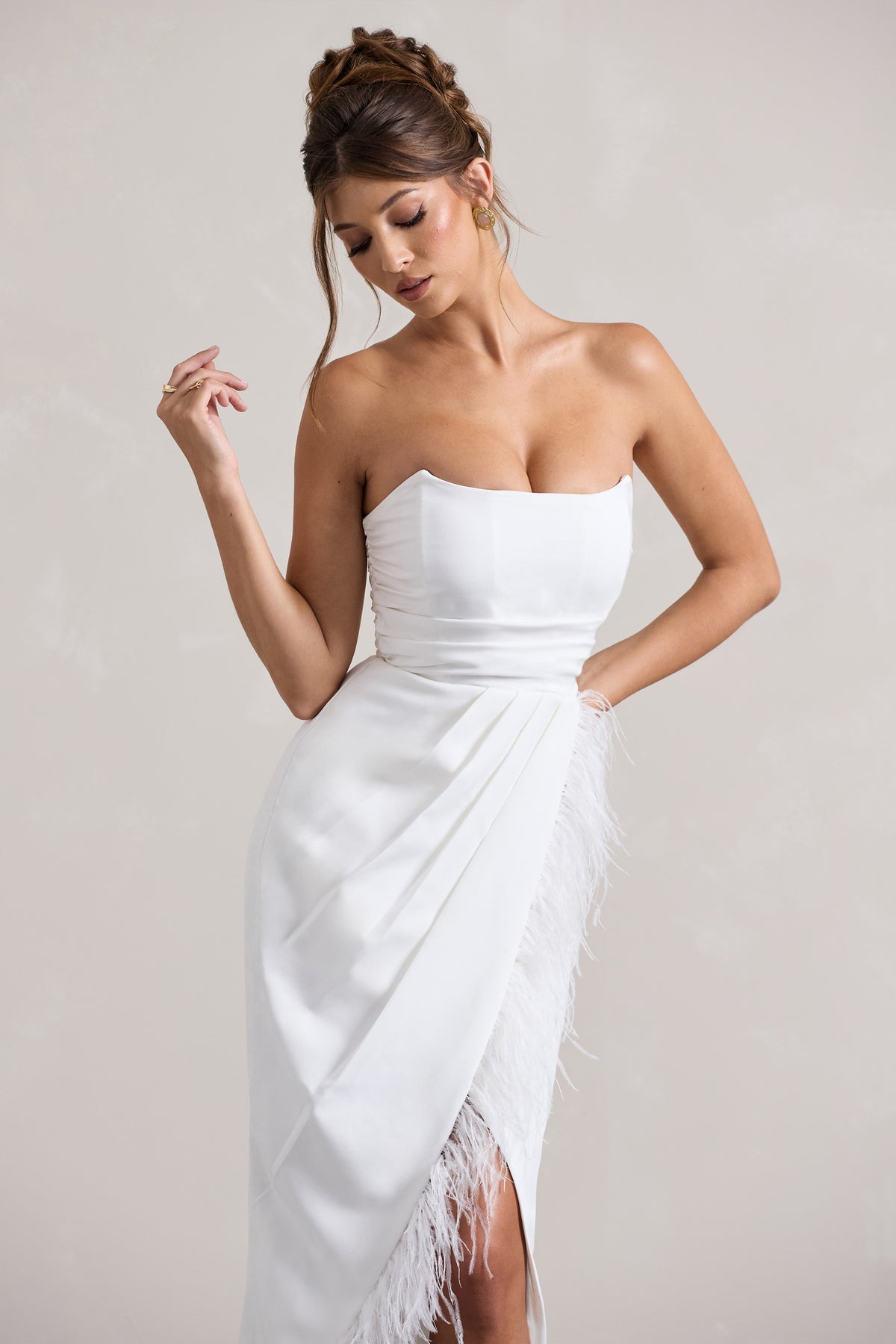 Chosen | White Bandeau Wrap Maxi Dress With Feather Trim - Club L 