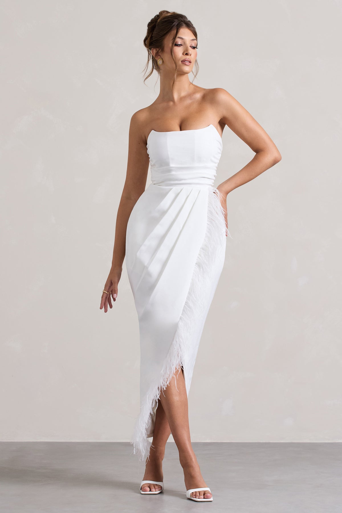 Chosen | White Bandeau Wrap Maxi Dress With Feather Trim - Club L 