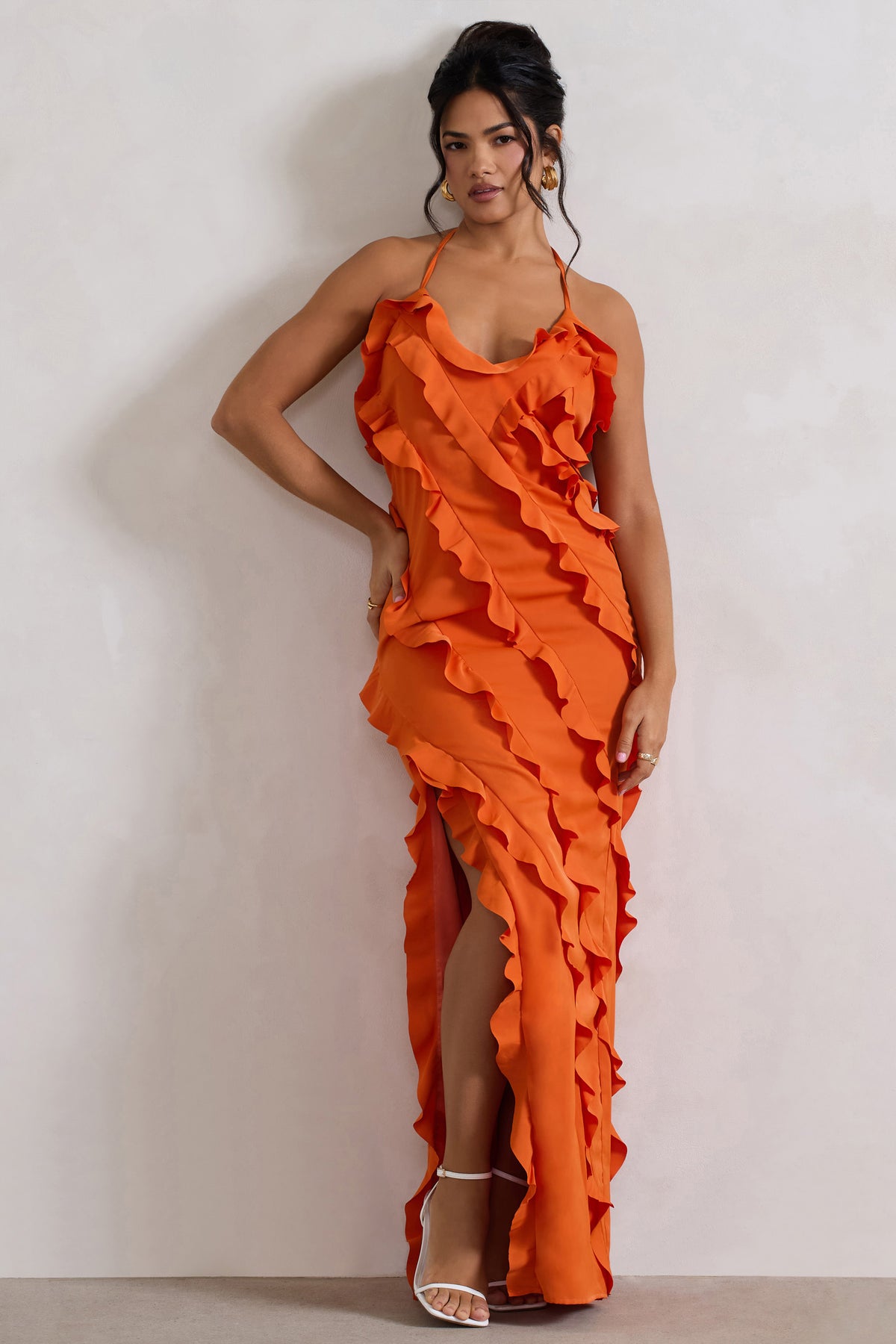 Full On | Orange V-Neck Ruffle Maxi Dress - Club L 