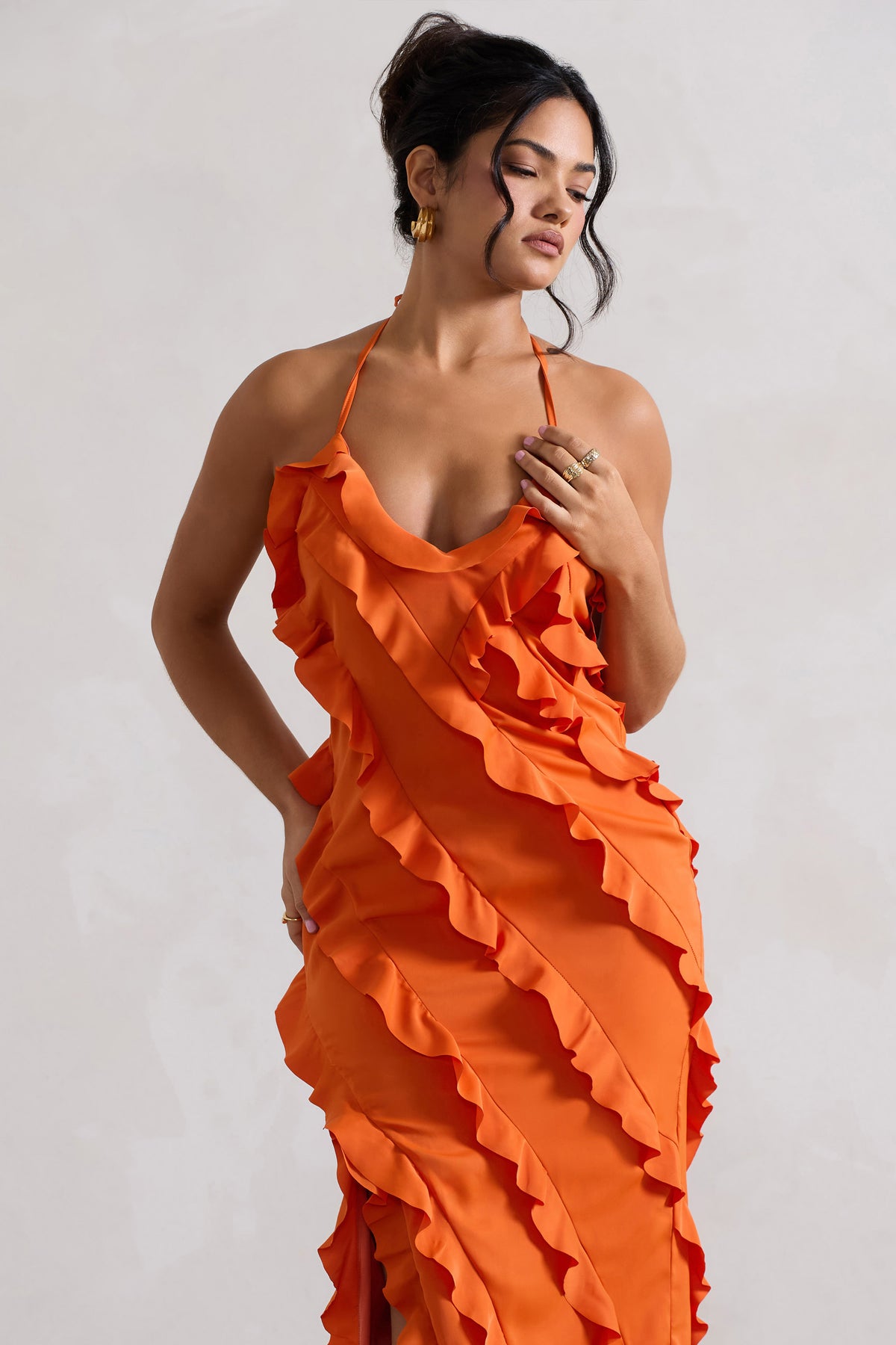 Full On | Orange V-Neck Ruffle Maxi Dress - Club L 
