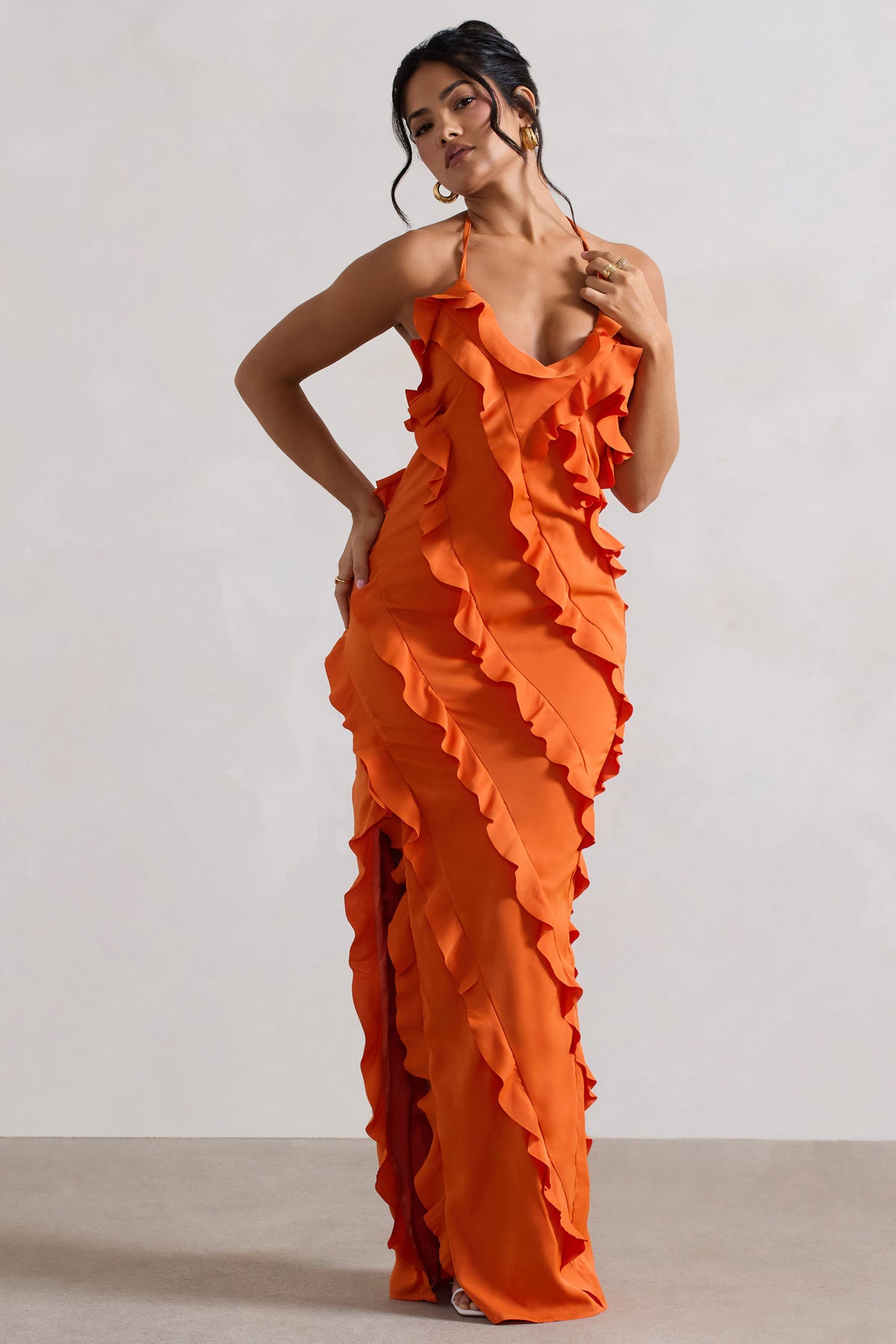 Full On | Orange V-Neck Ruffle Maxi Dress - Club L 