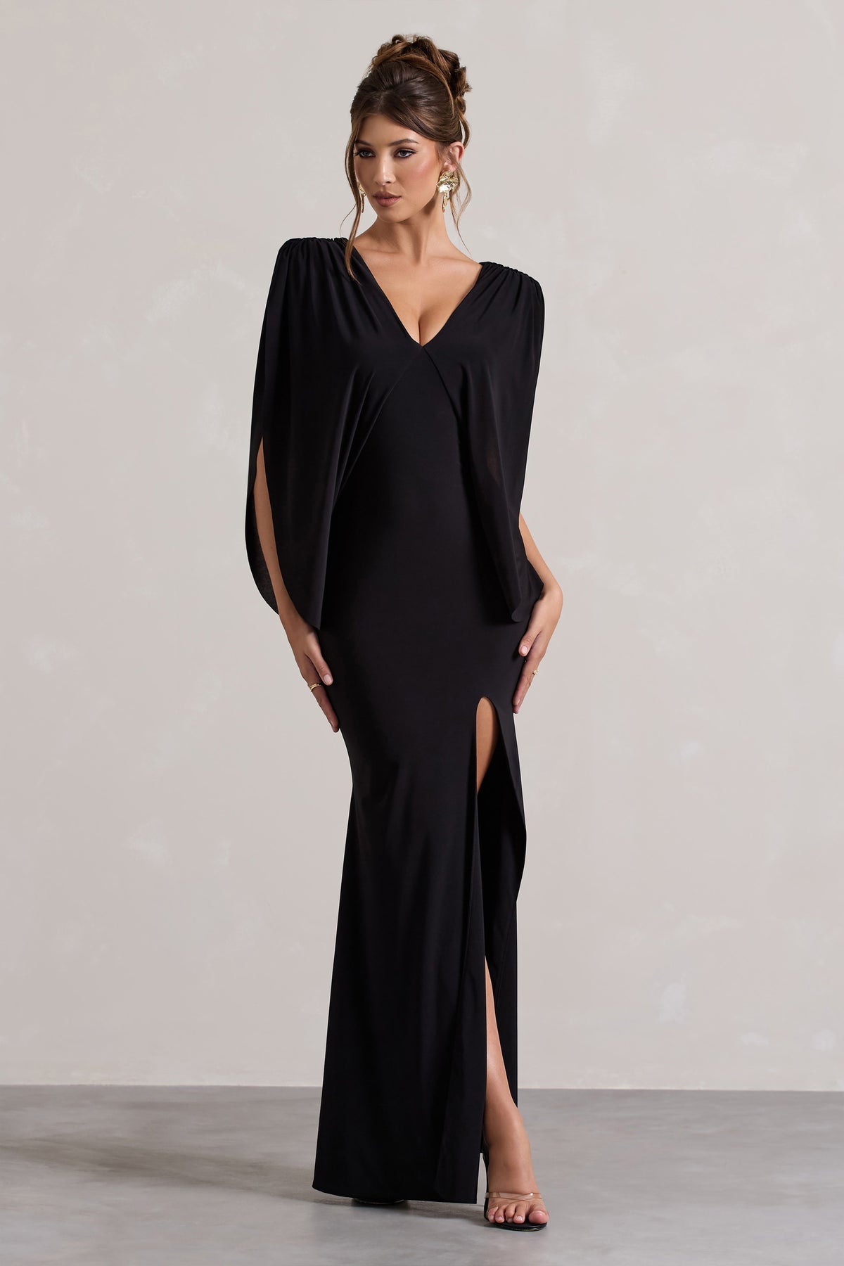 Perry | Black V-Neck Cape Sleeve Split Maxi Dress - Club L 