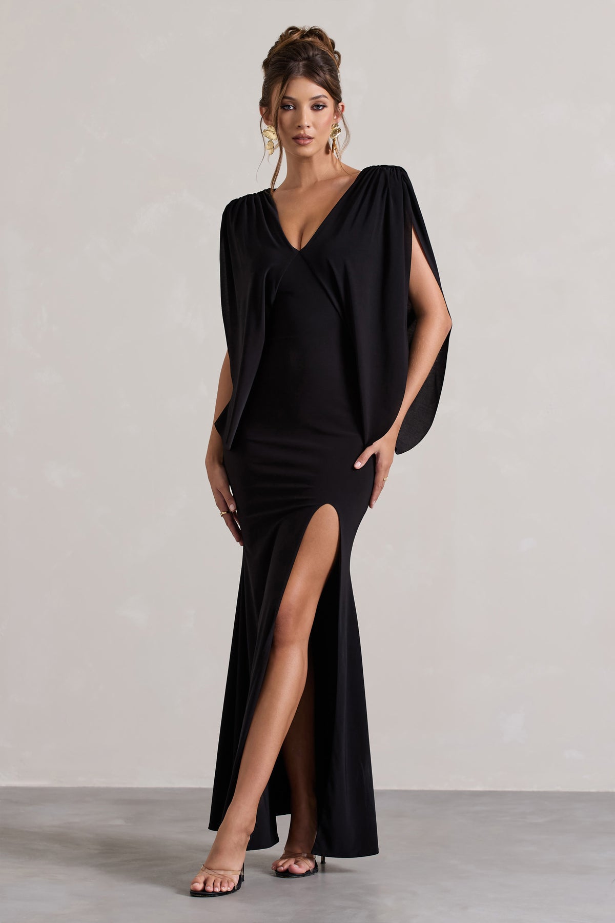 Perry | Black V-Neck Cape Sleeve Split Maxi Dress - Club L 