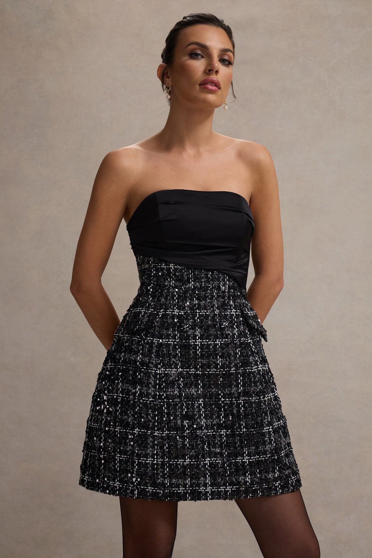 Park Avenue | Black Boucle Strapless Tailored Mini Dress - Club L 