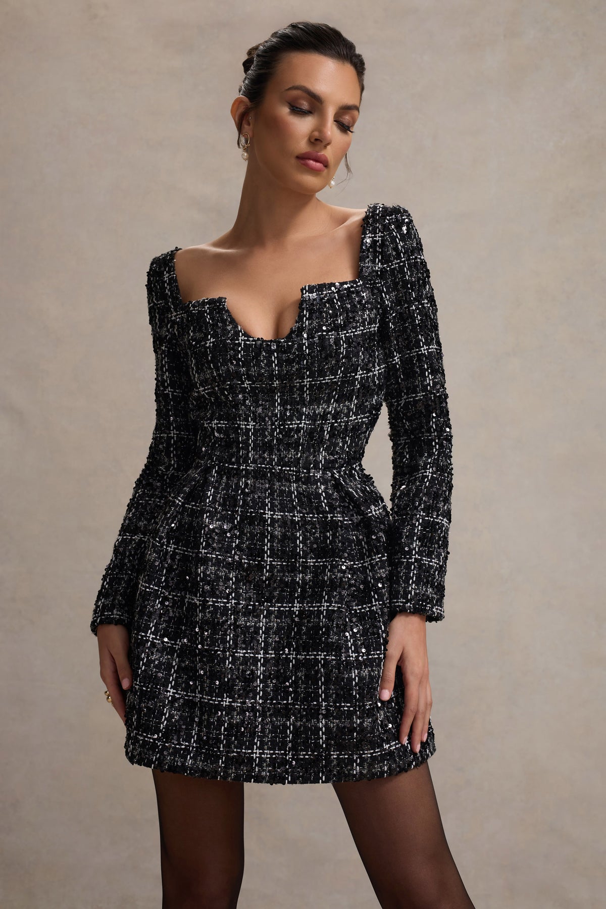 Contessa Black Boucle Long-Sleeve Mini Dress Club L London - UK Contessa Black Boucle Long-Sleeve Mini Dress Club L London - UK