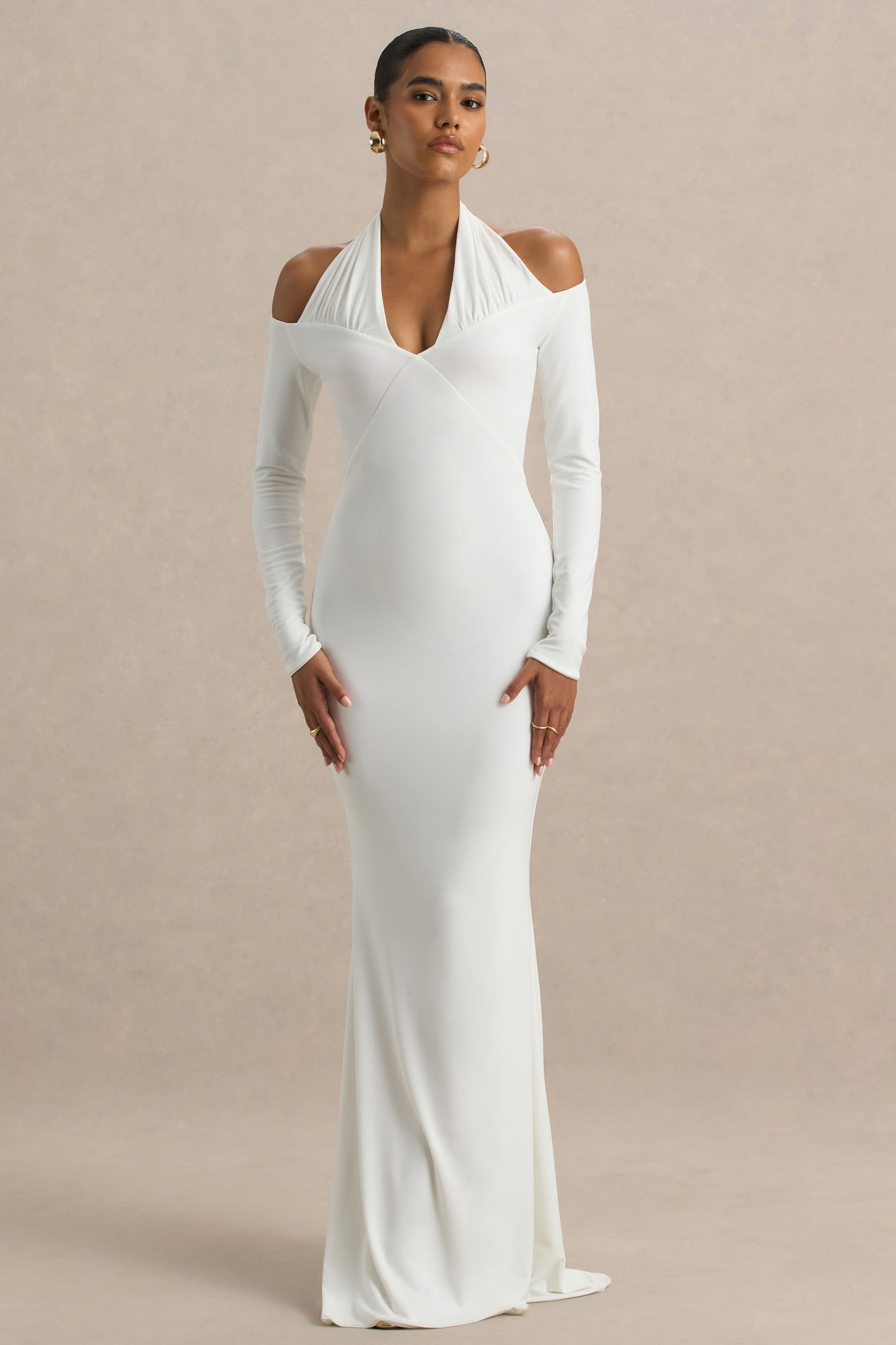 halter neck maxi dress uk Cordelia Halter Neck Maxi Dress with Lace Waist Detail