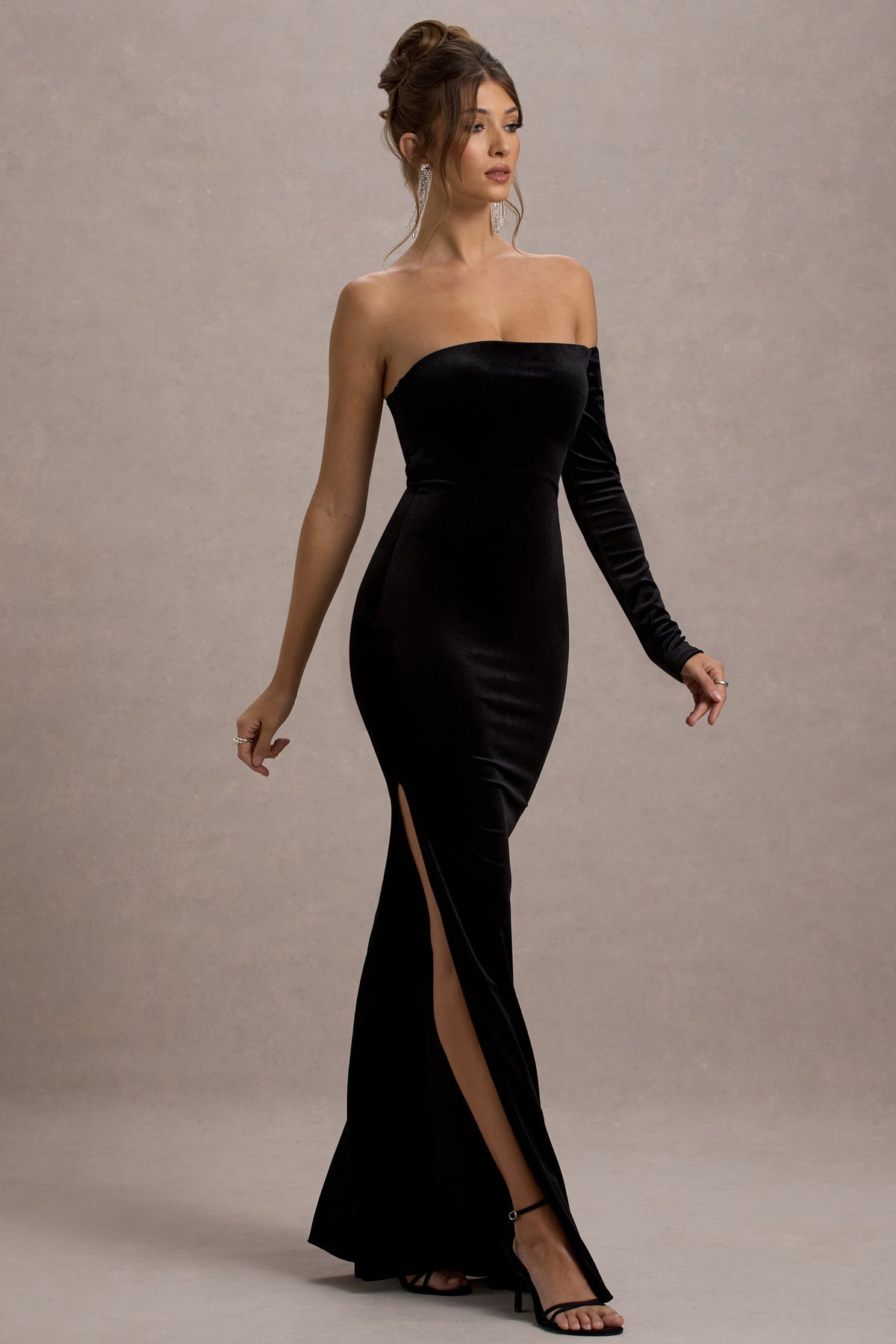 Sandrine | Black Velvet One-Sleeve Maxi Dress - Club L 