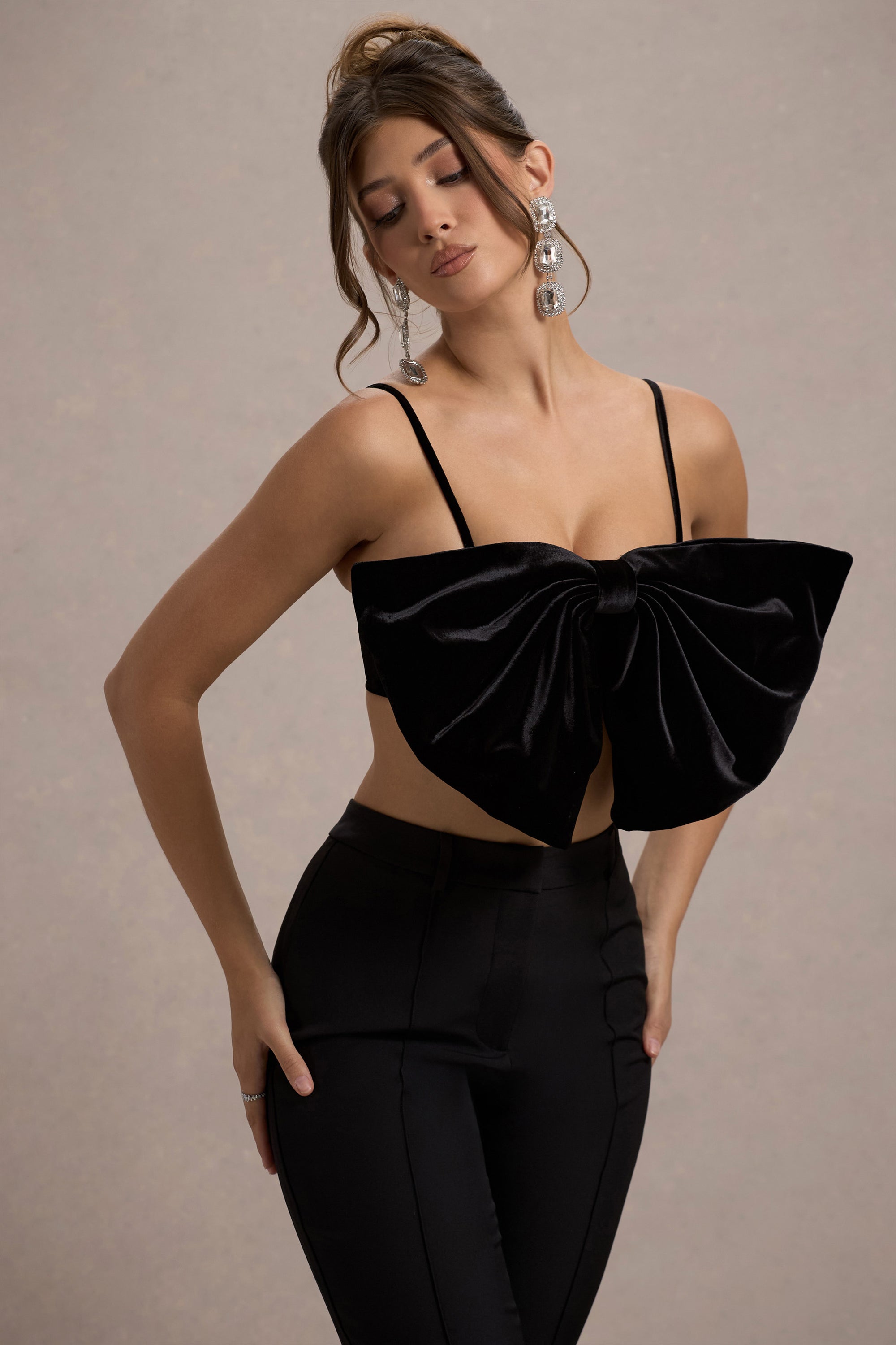 Adya | Black Velvet Strappy Bow Crop Top - Club L 