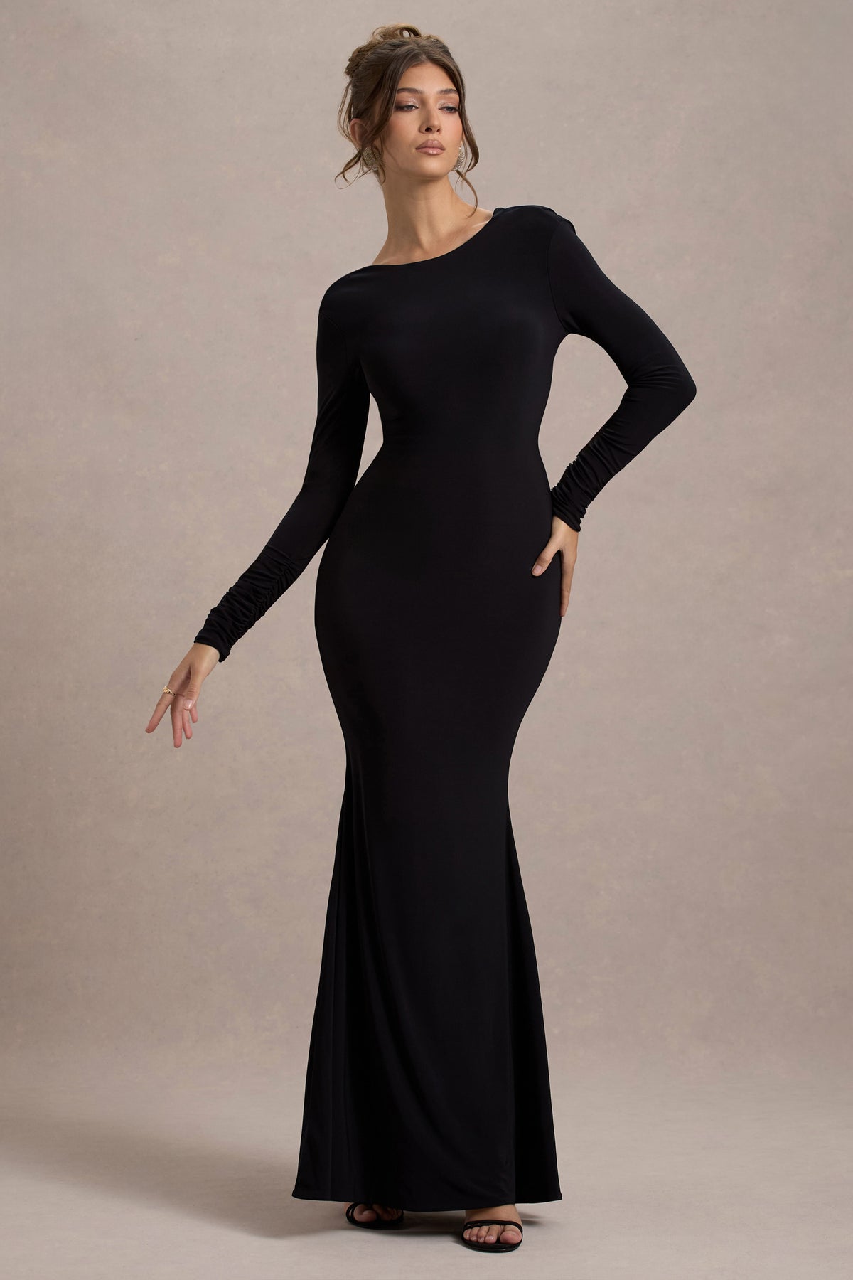 Rosalee | Black Long-Sleeve Cowl-Back Maxi Dress With Bows - Club L 