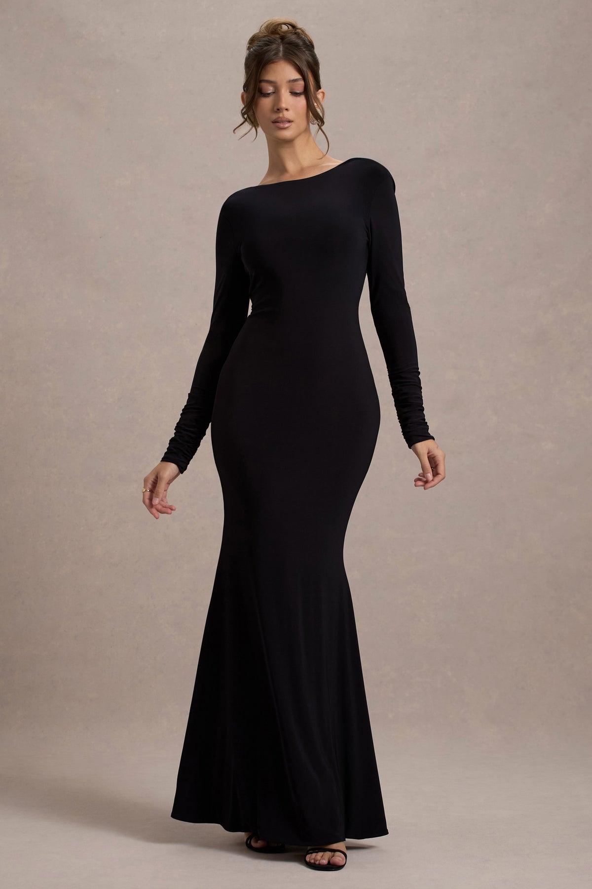 Rosalee | Black Long-Sleeve Cowl-Back Maxi Dress With Bows - Club L 
