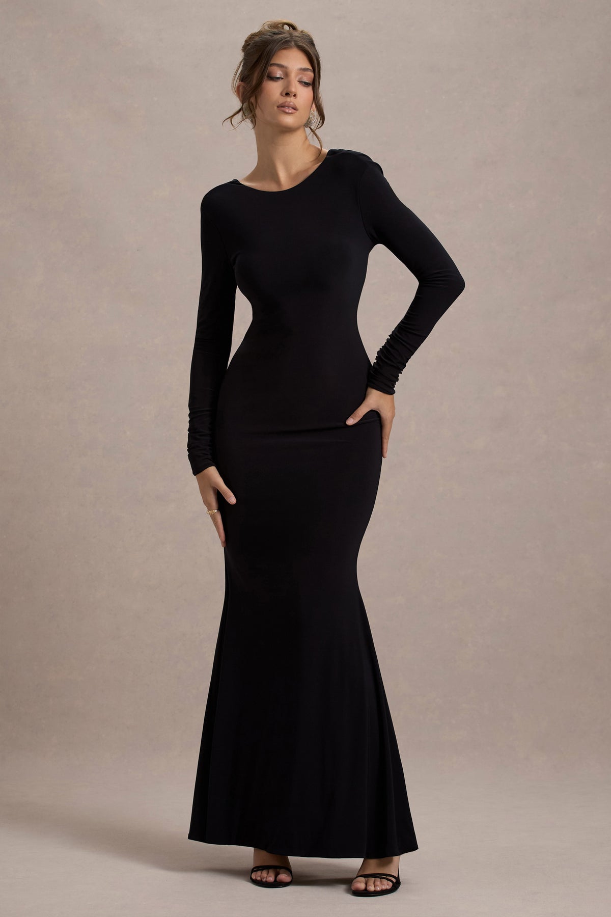 Rosalee | Black Long-Sleeve Cowl-Back Maxi Dress With Bows - Club L 