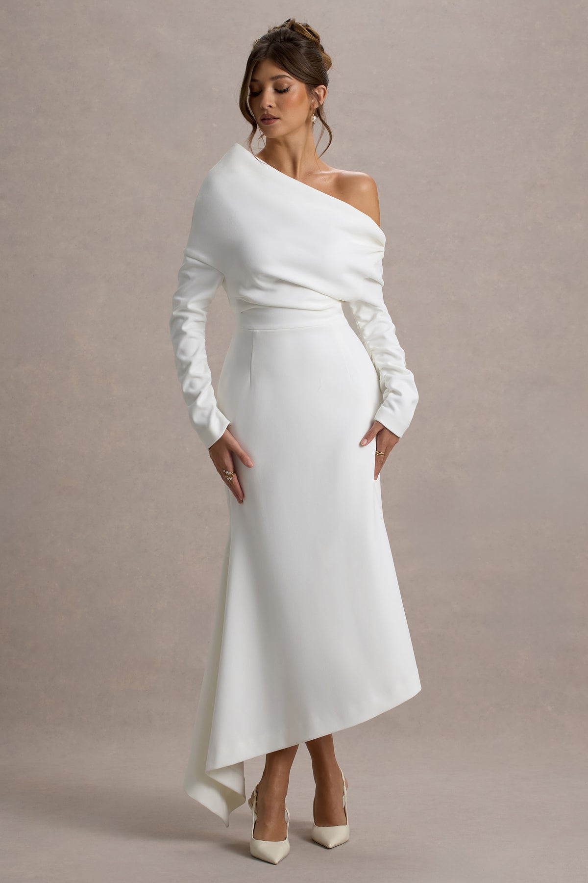 Lou White One-Shoulder Asymmetric Maxi Dress Club L London - UK Lou White One-Shoulder Asymmetric Maxi Dress Club L London - UK