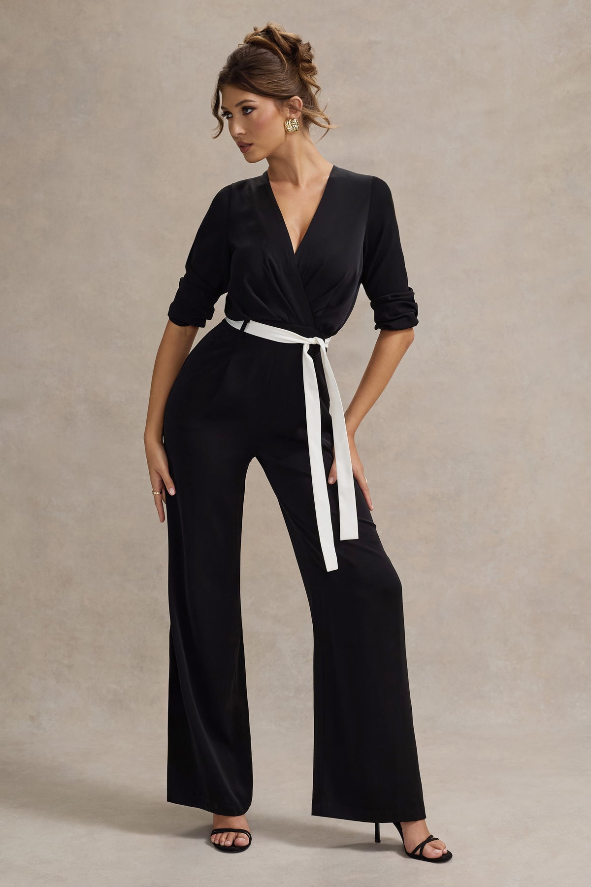 Ruba | Black Tailored Plunge Jumpsuit With Tie Waist - Club L 