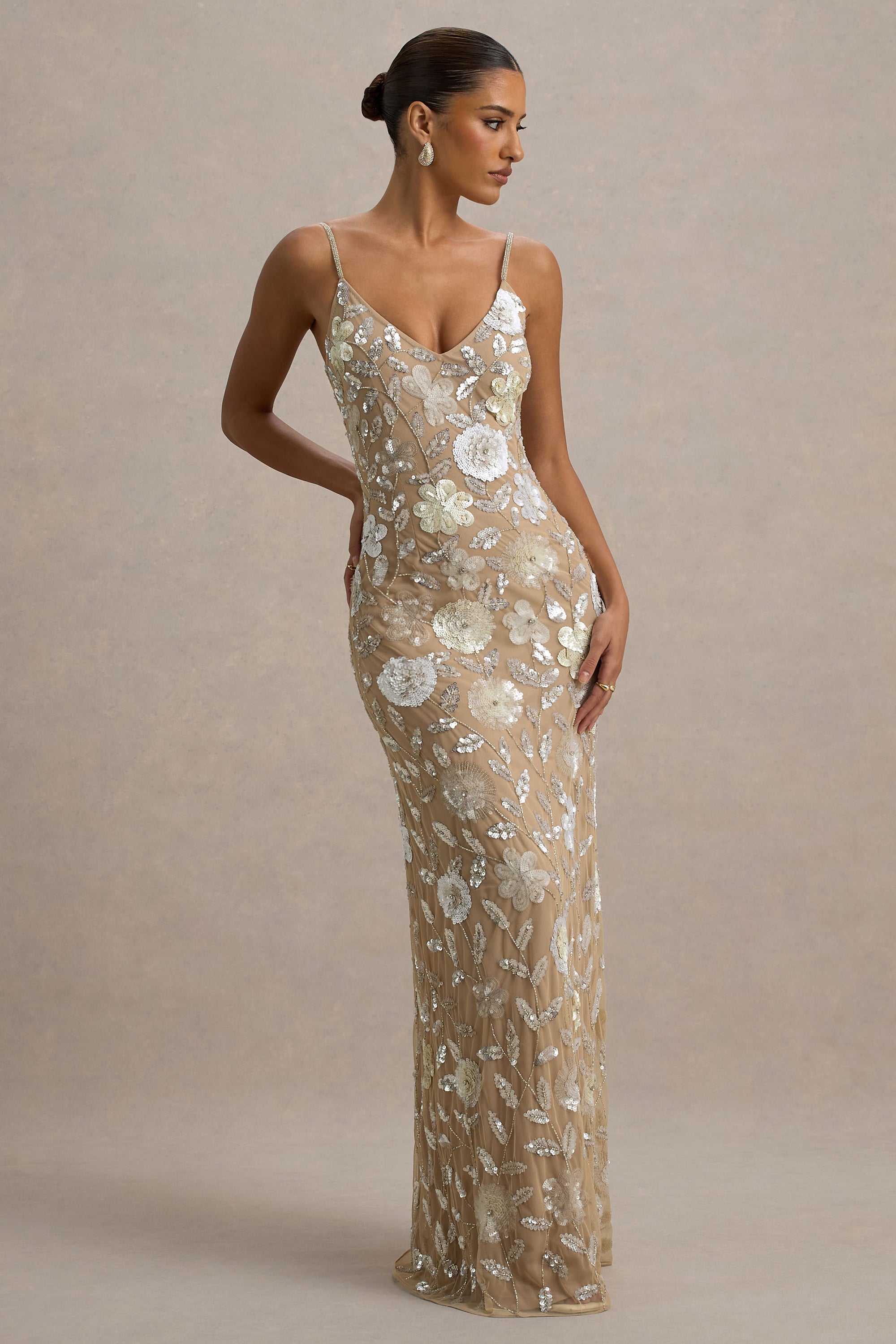 Gemini | Floral Sequin Hand-Embellished Strappy Maxi Dress – Club L London