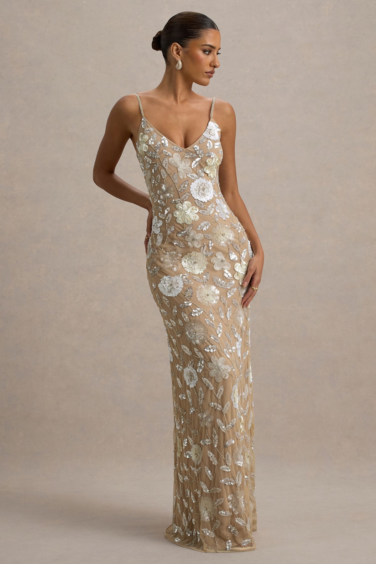 Gemini Floral Sequin Hand-Embellished Strappy Maxi Dress Club L London - UK Gemini Floral Sequin Hand-Embellished Strappy Maxi Dress Club L London - UK