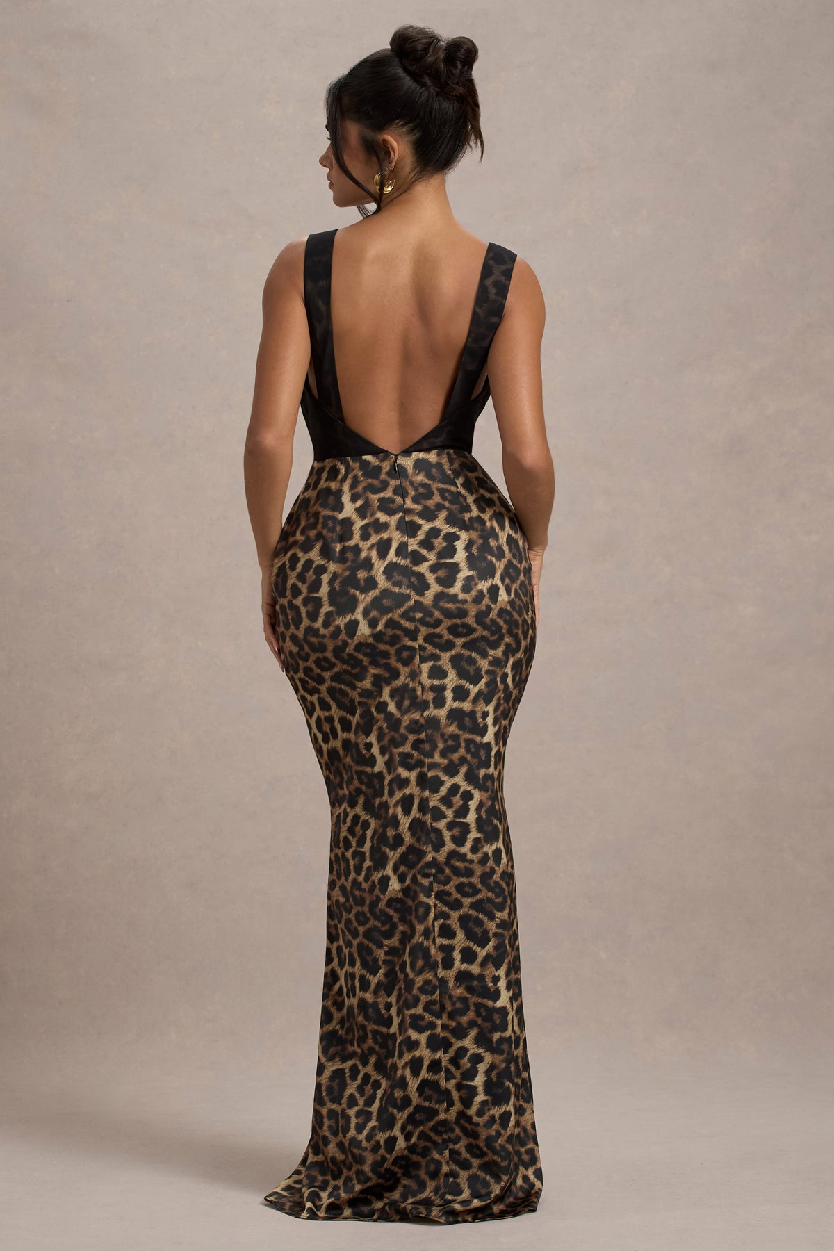 Sahara | Leopard Print Satin V-Neck Maxi Dress With Black Lace Trim - Club L 