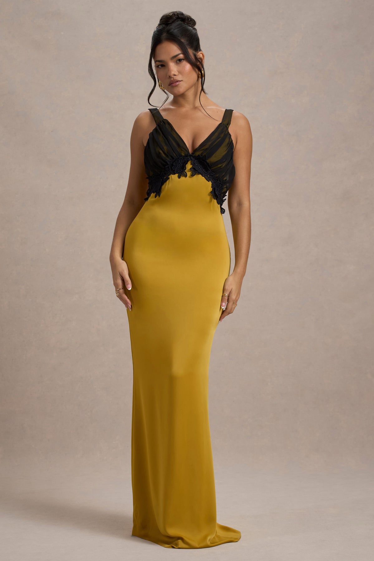 Sahara | Mustard Satin V-Neck Maxi Dress With Black Lace Trim - Club L 