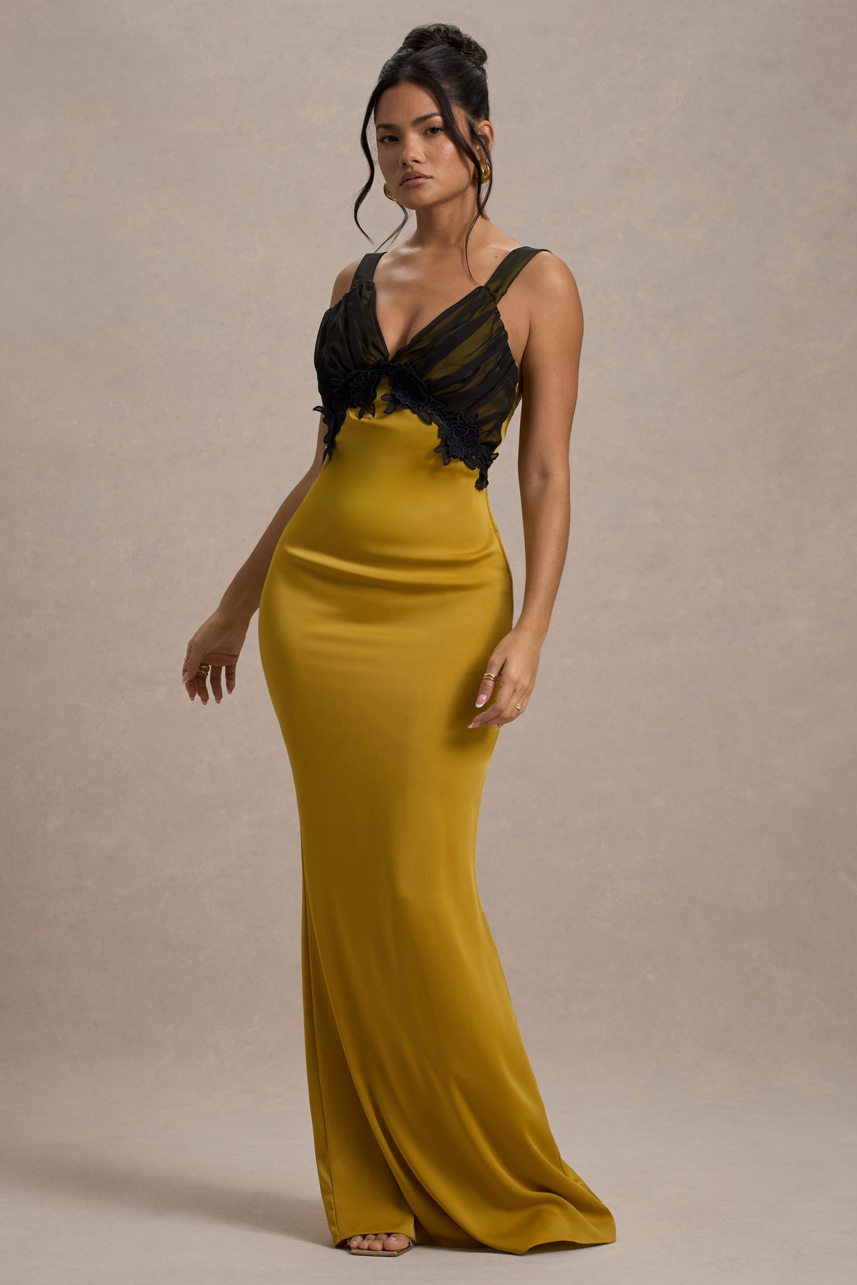 Sahara | Mustard Satin V-Neck Maxi Dress With Black Lace Trim - Club L 