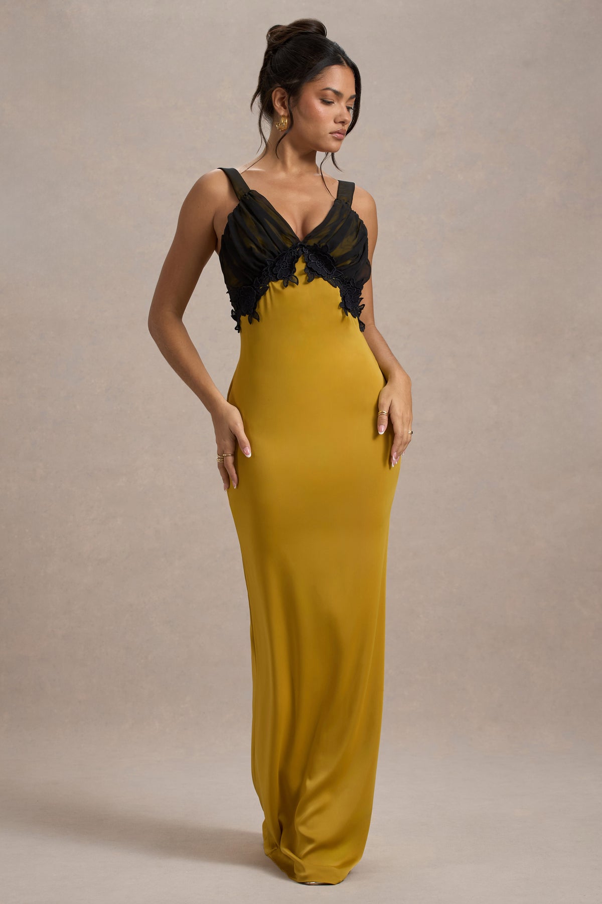 Sahara | Mustard Satin V-Neck Maxi Dress With Black Lace Trim - Club L 