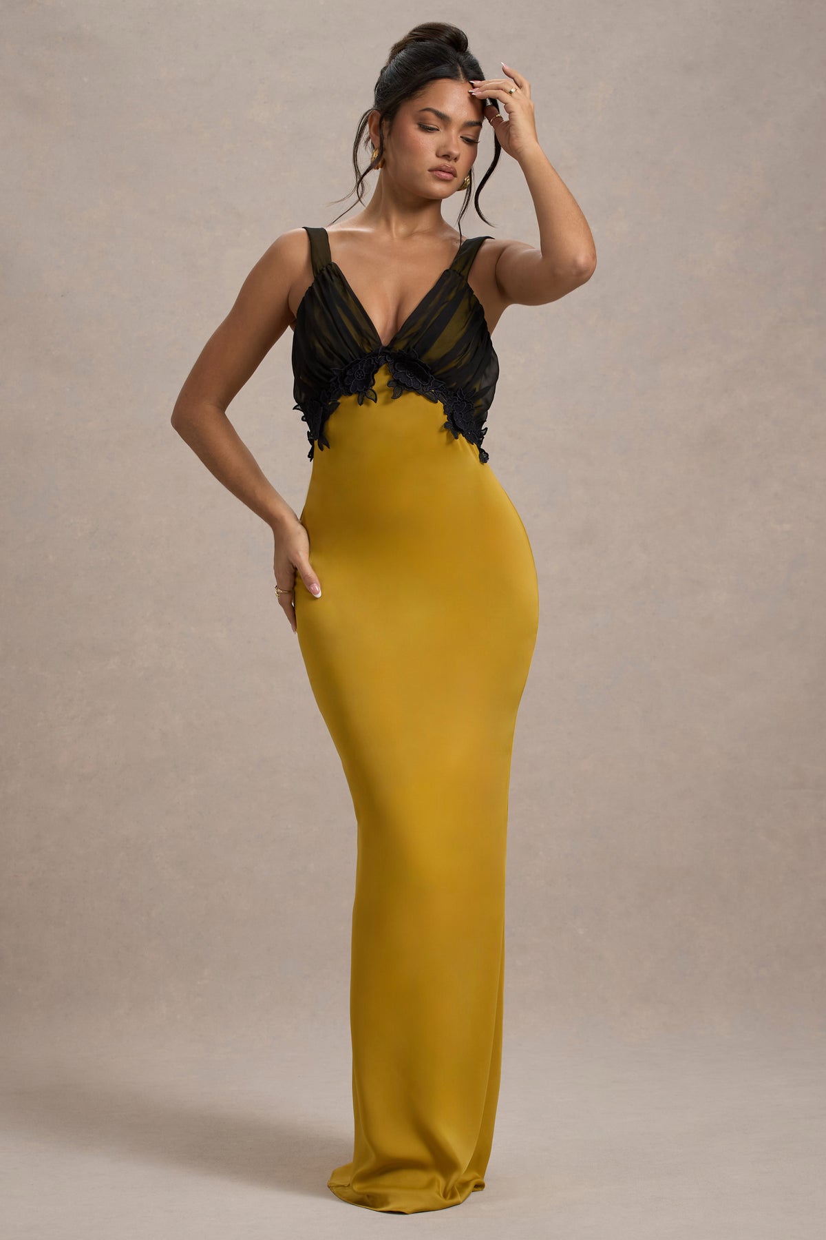 Sahara | Mustard Satin V-Neck Maxi Dress With Black Lace Trim - Club L 