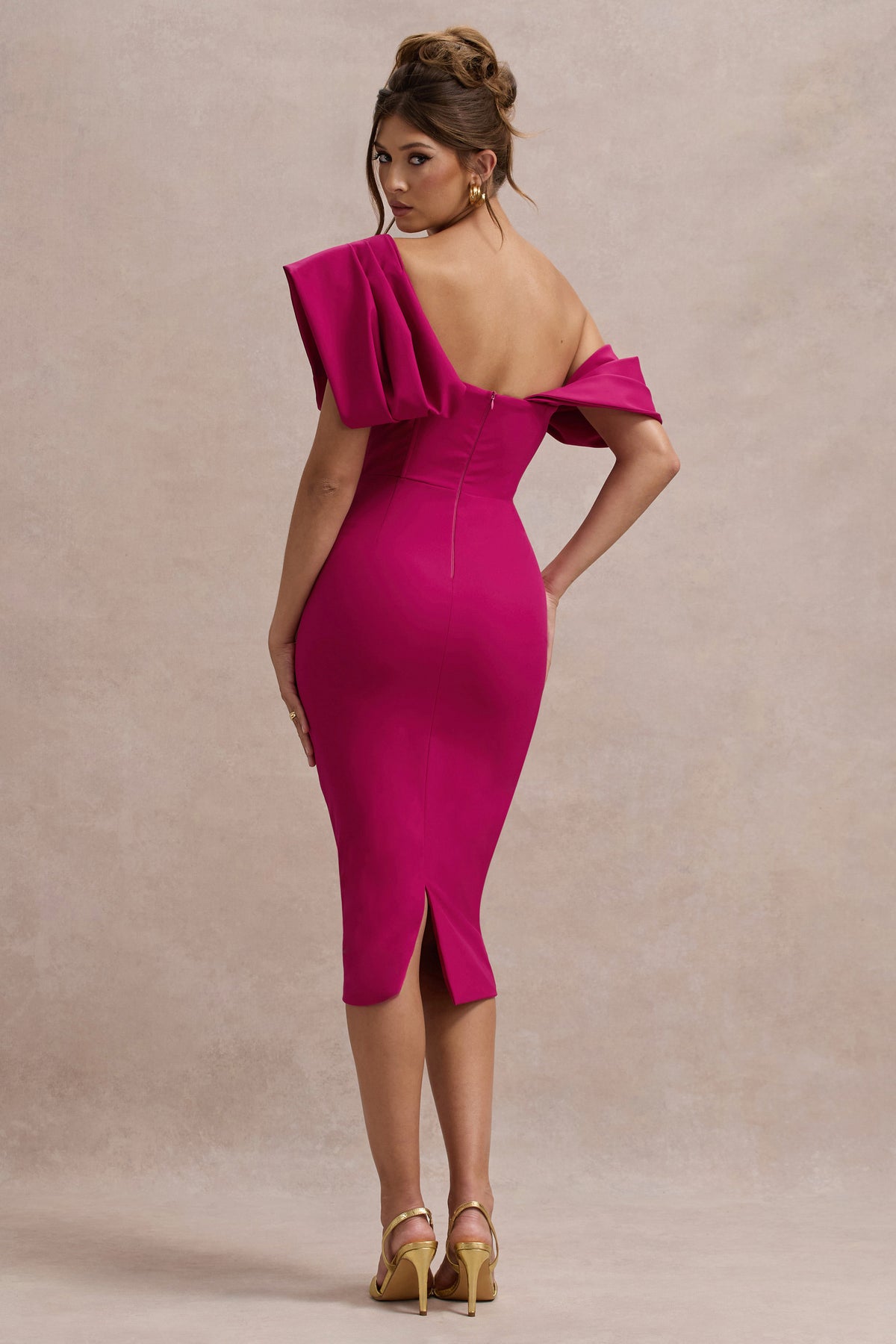 Adrina | Dark Pink Draped One Shoulder Midi Dress - Club L 