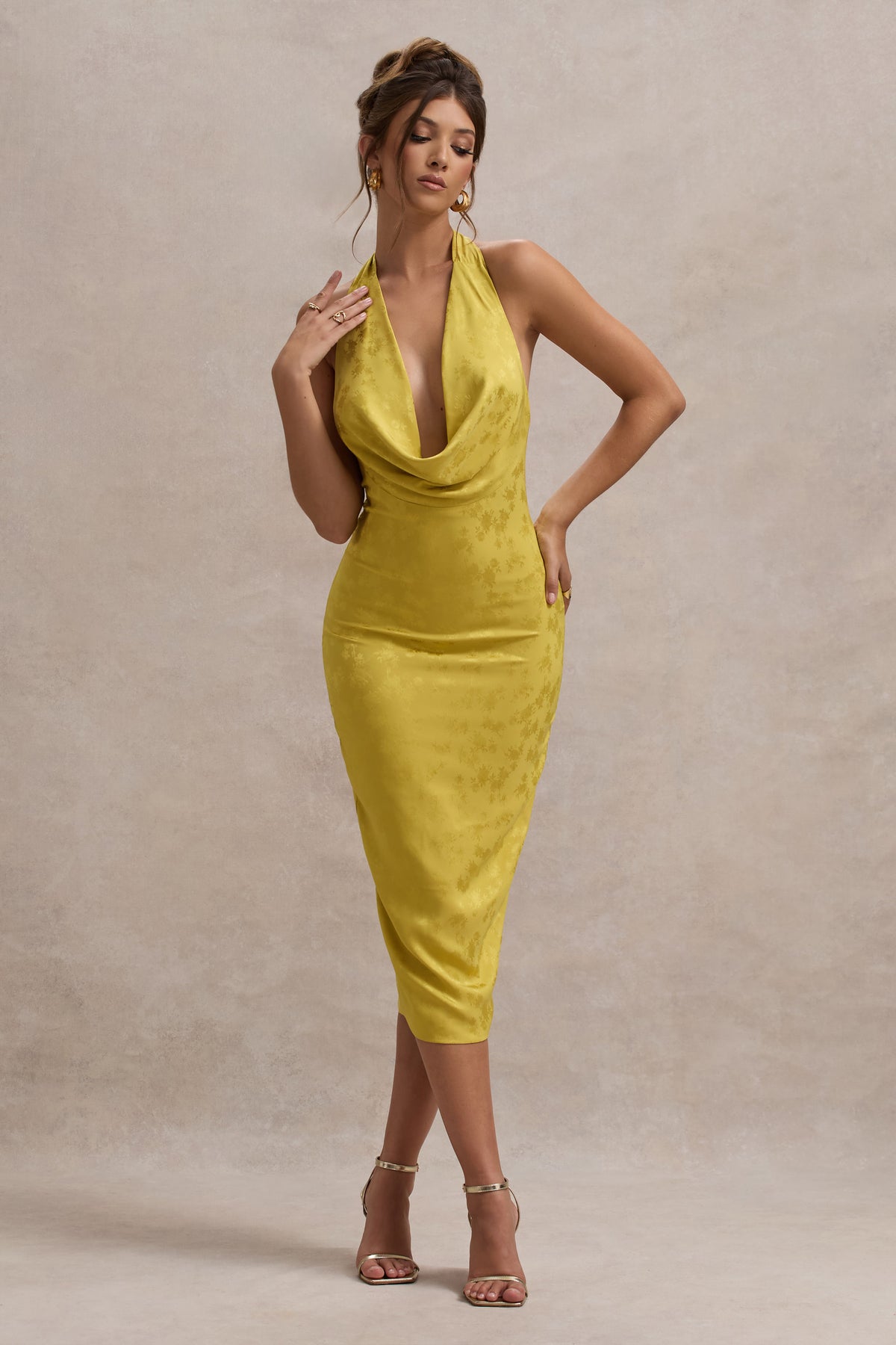 Maciza Mustard Satin Jacquard Cowl-Neck Midi Dress Club L London - UK Maciza Mustard Satin Jacquard Cowl-Neck Midi Dress Club L London - UK