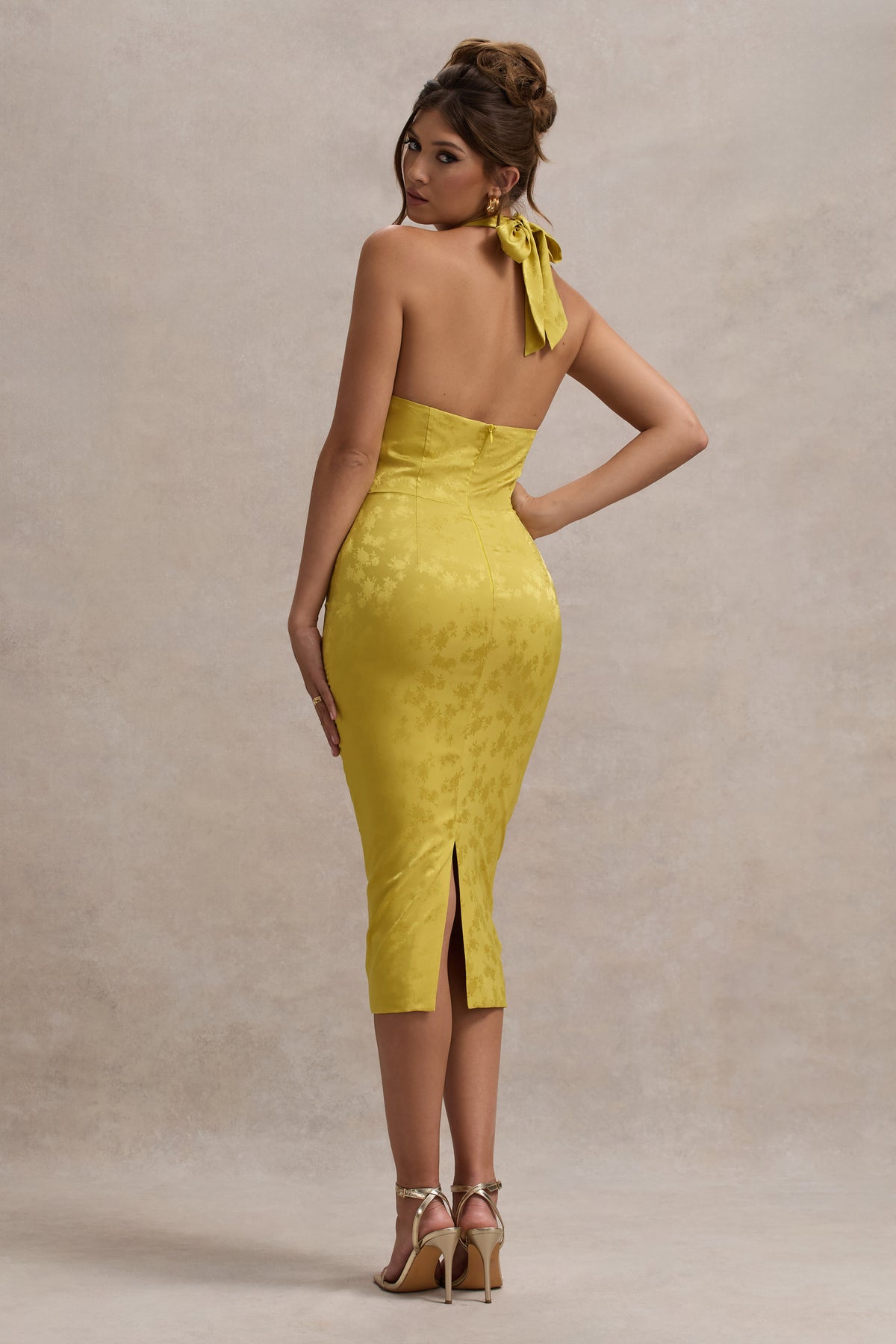 Maciza | Mustard Satin Jacquard Cowl-Neck Midi Dress - Club L 