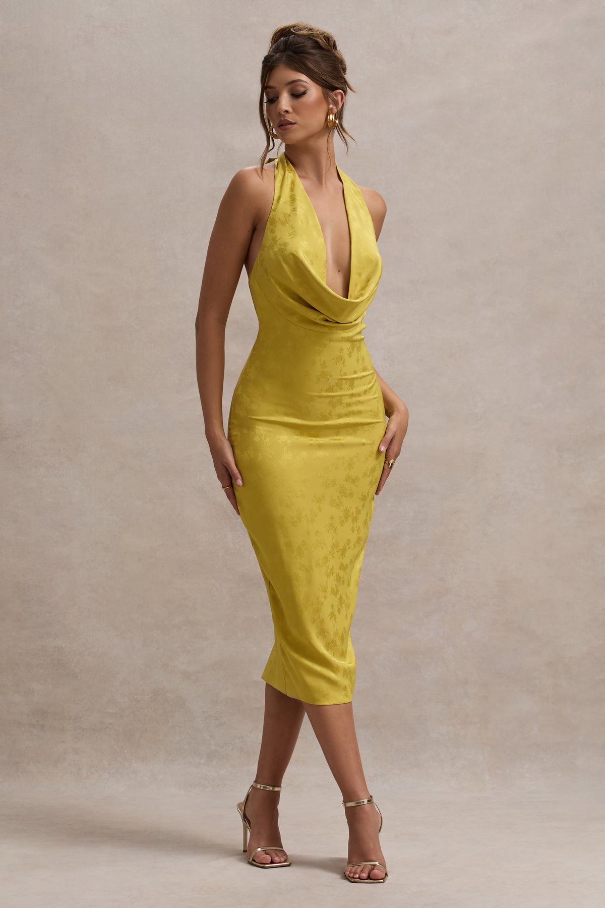Maciza Mustard Satin Jacquard Cowl-Neck Midi Dress Club L London - UK Maciza Mustard Satin Jacquard Cowl-Neck Midi Dress Club L London - UK
