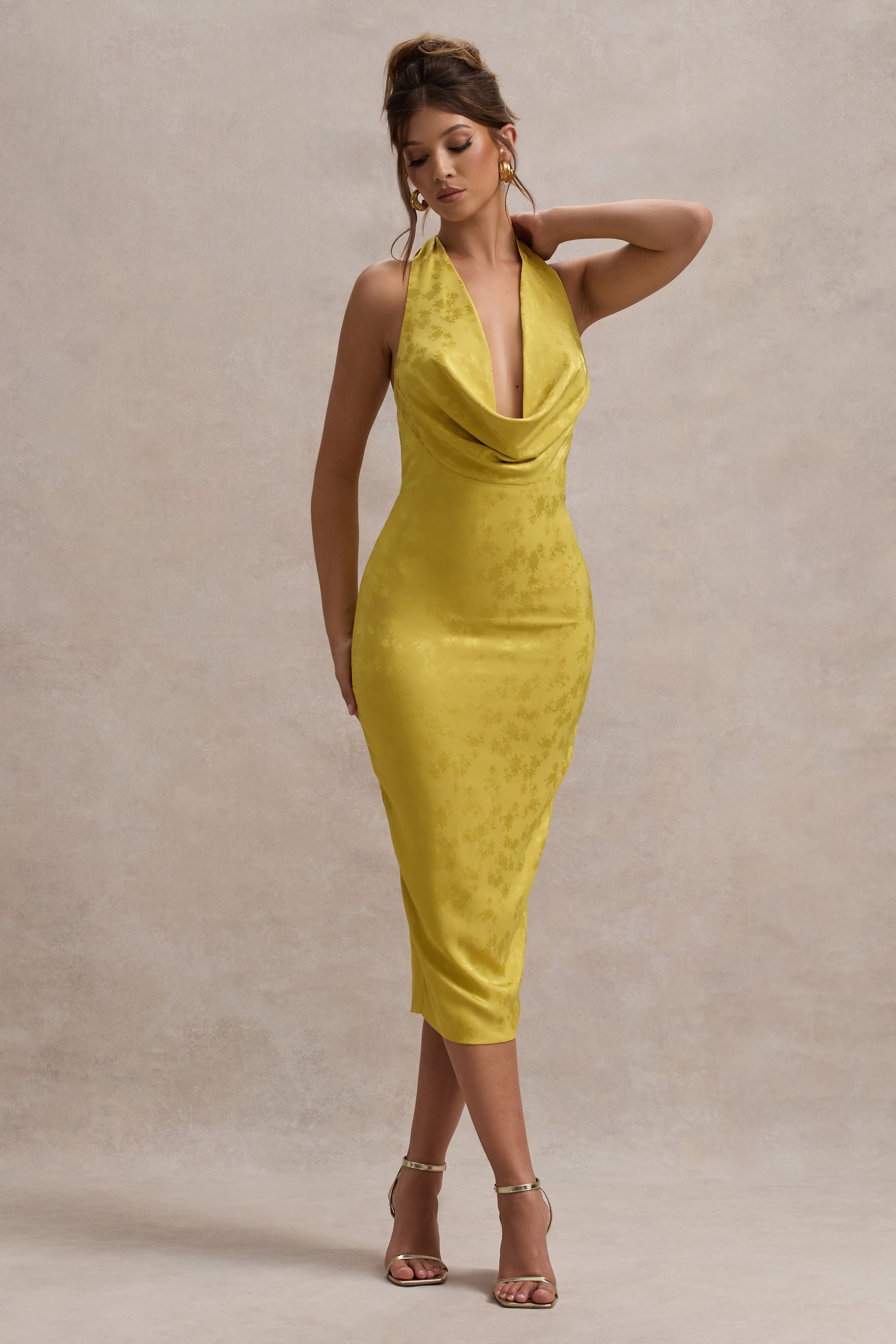 Maciza | Mustard Satin Jacquard Cowl-Neck Midi Dress - Club L 