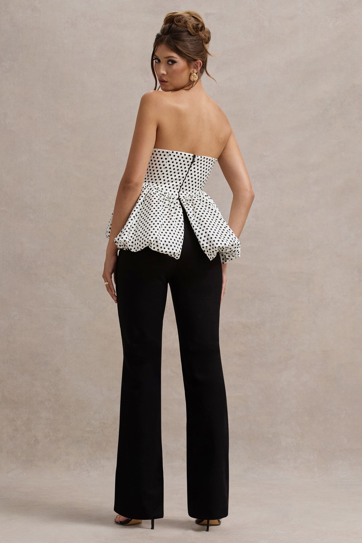 Divina | White & Black Polka Dot Strapless Ruffled Jumpsuit - Club L 
