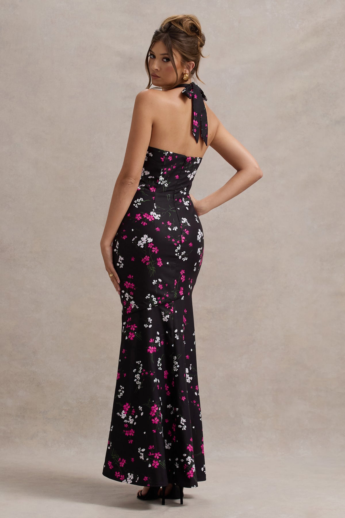 Melodia | Black Ditsy Floral Print Satin Halter-Neck Ruffled Maxi Dress - Club L 