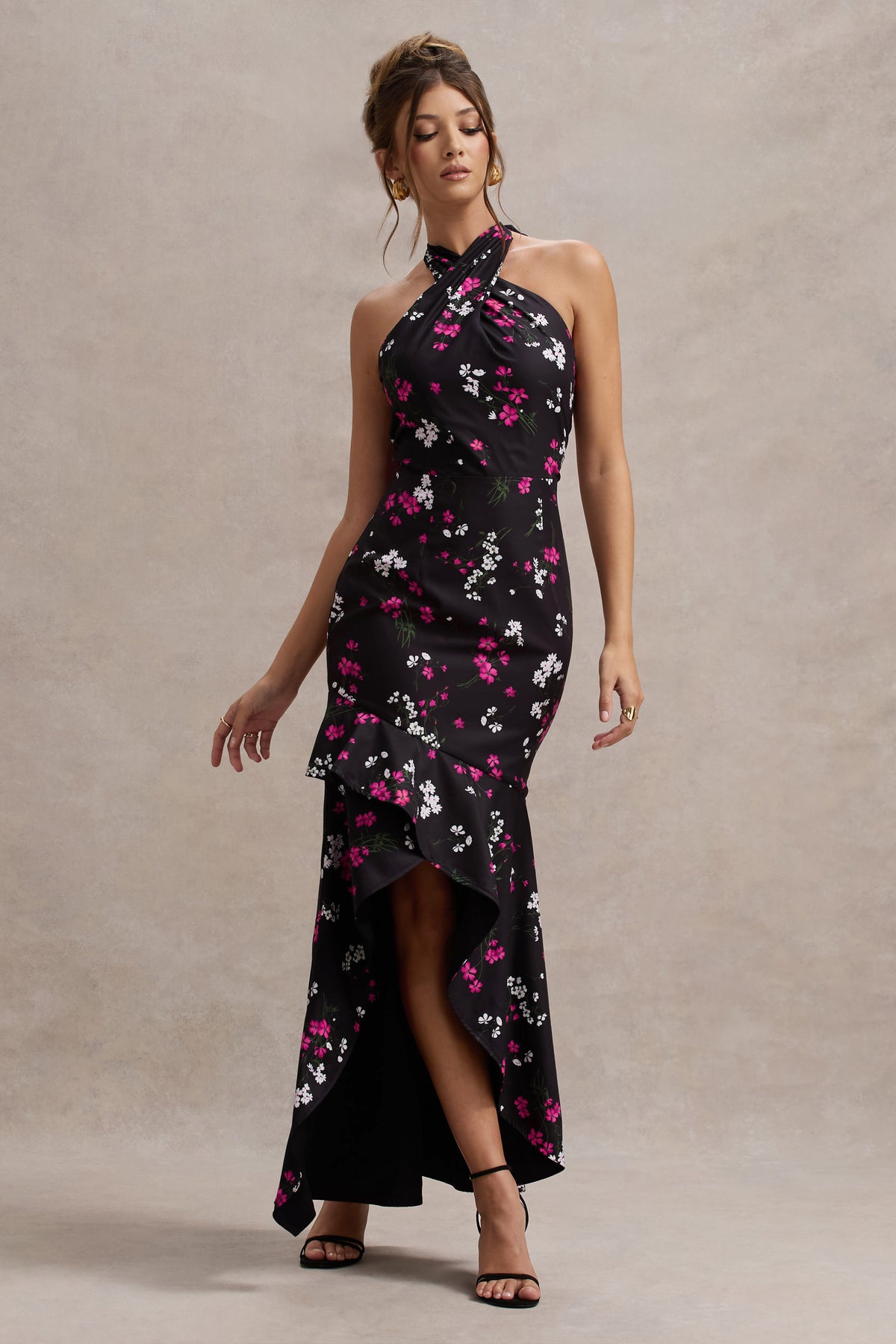 Melodia | Black Ditsy Floral Print Satin Halter-Neck Ruffled Maxi Dress - Club L 
