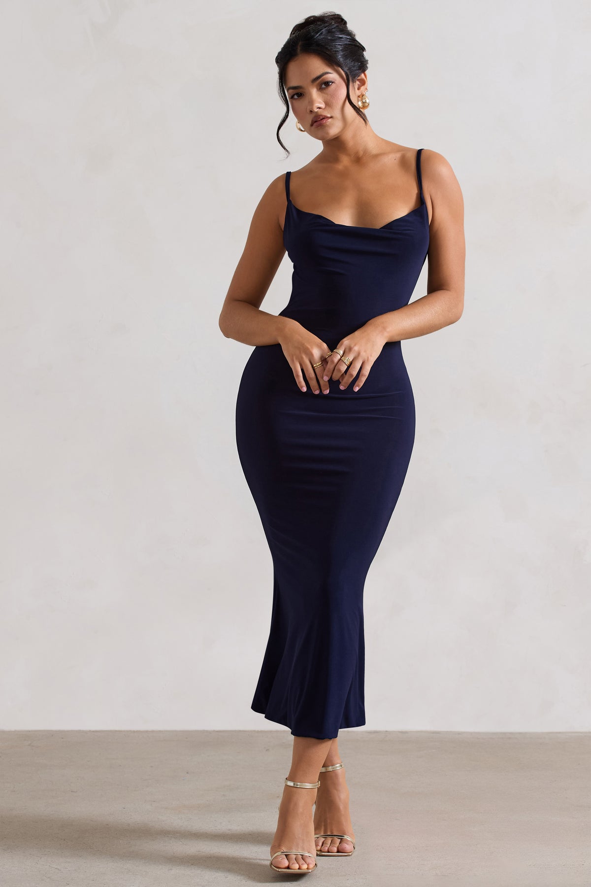 Addison | Navy Cowl-Neck Open-Back Midi Dress With Lace - Club L 