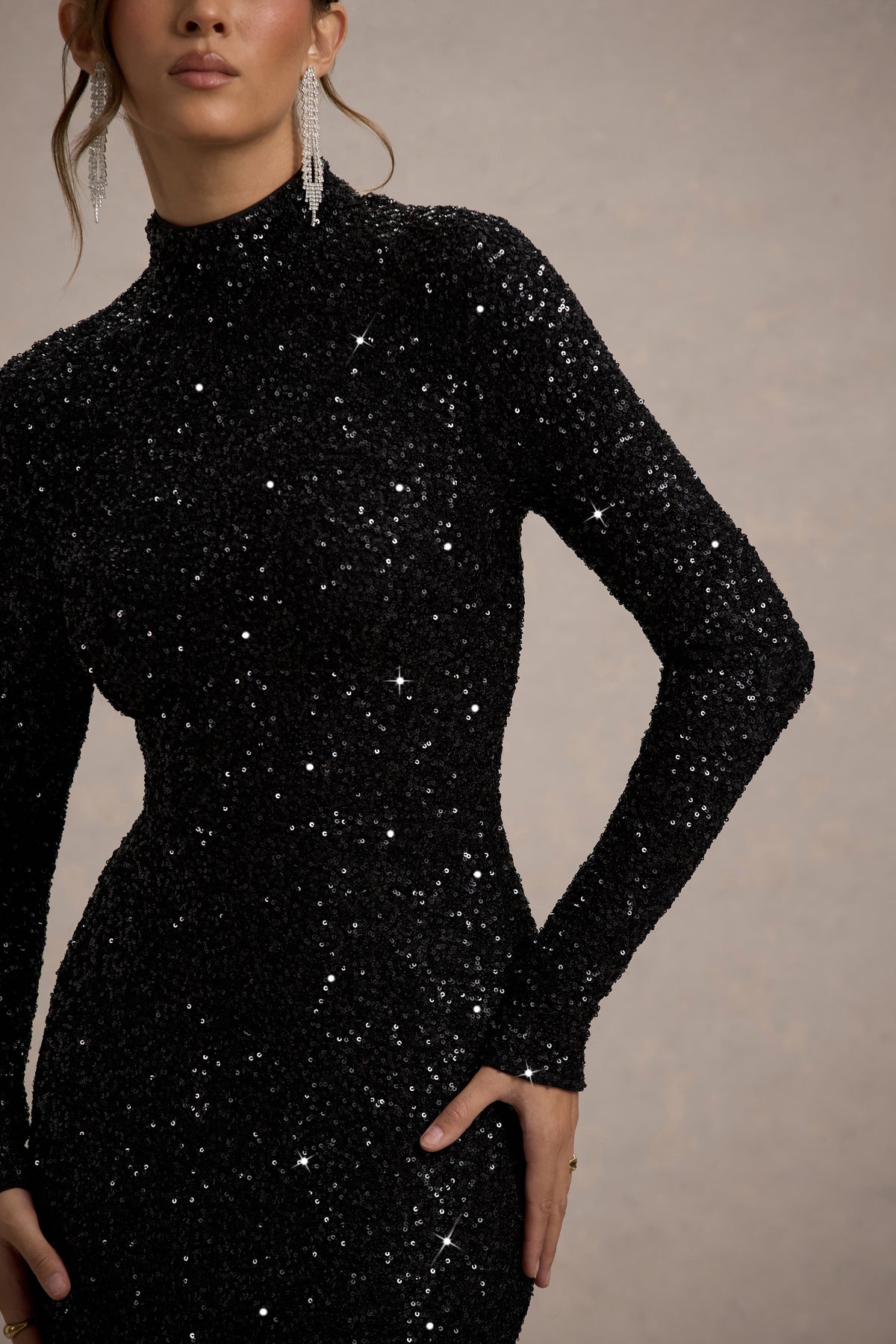Galaxy Black Sequin Turtle-Neck Long-Sleeve Maxi Dress Club L London - UK Galaxy Black Sequin Turtle-Neck Long-Sleeve Maxi Dress Club L London - UK