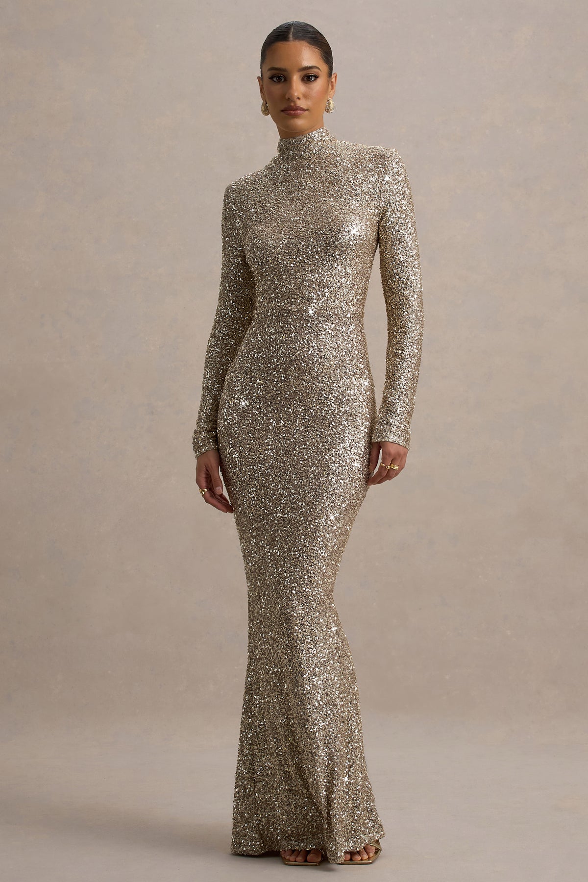 Galaxy Champagne Sequin Turtle-Neck Long-Sleeve Maxi Dress Club L London - UK Galaxy Champagne Sequin Turtle-Neck Long-Sleeve Maxi Dress Club L London - UK