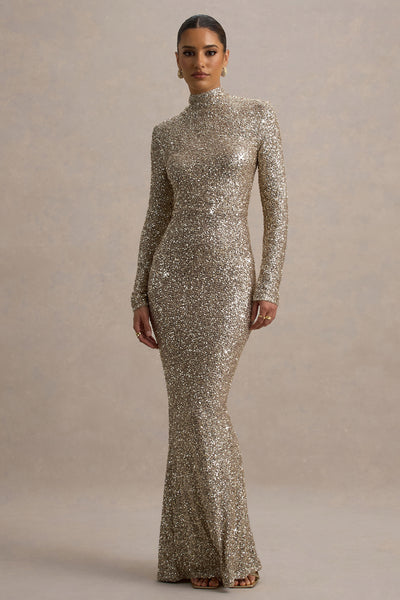 club l rainbow sequin wrap front maxi dress Galaxy Champagne Sequin Turtle-Neck Long-Sleeve Maxi Dress – Club L London