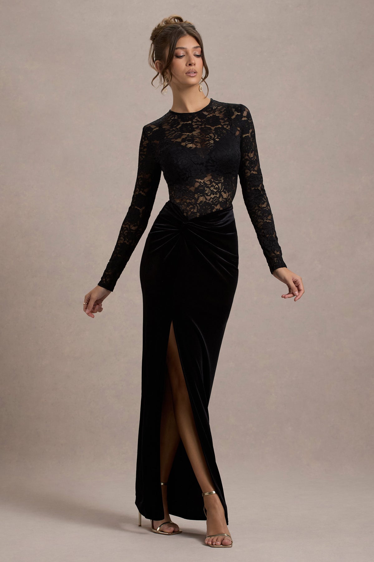 Loving Look | Black Lace Long-Sleeve Twisted Split Maxi Dress - Club L 