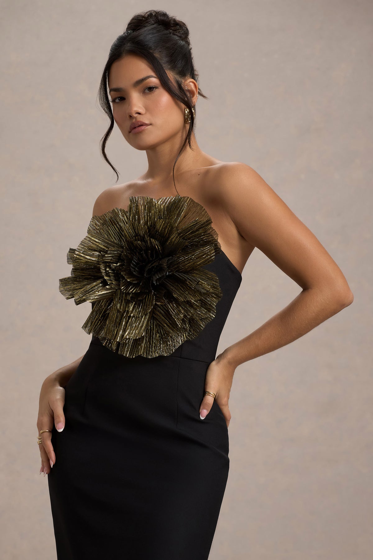 Moya Black & Gold Bodycon Midi Dress With Corsage Detail Club L London - UK Moya Black & Gold Bodycon Midi Dress With Corsage Detail Club L London - UK