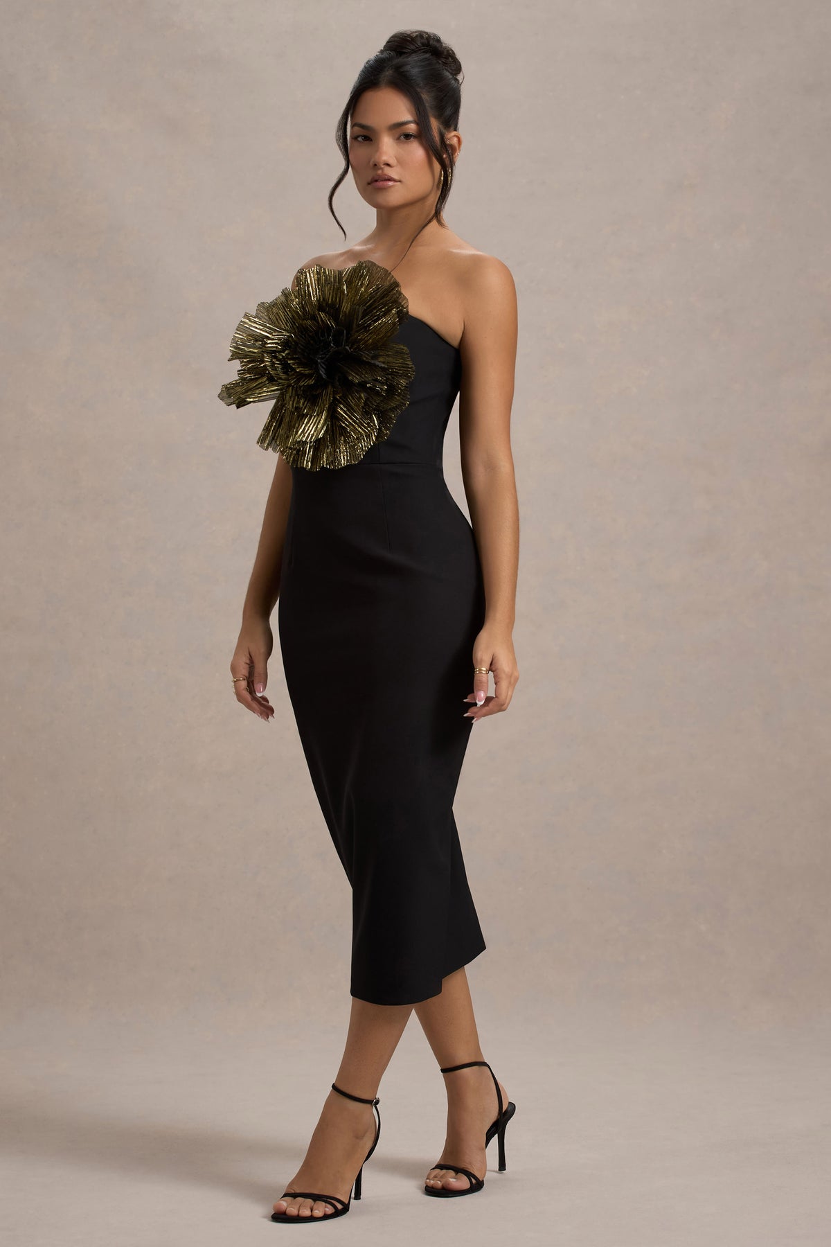 Moya Black & Gold Bodycon Midi Dress With Corsage Detail Club L London - UK Moya Black & Gold Bodycon Midi Dress With Corsage Detail Club L London - UK